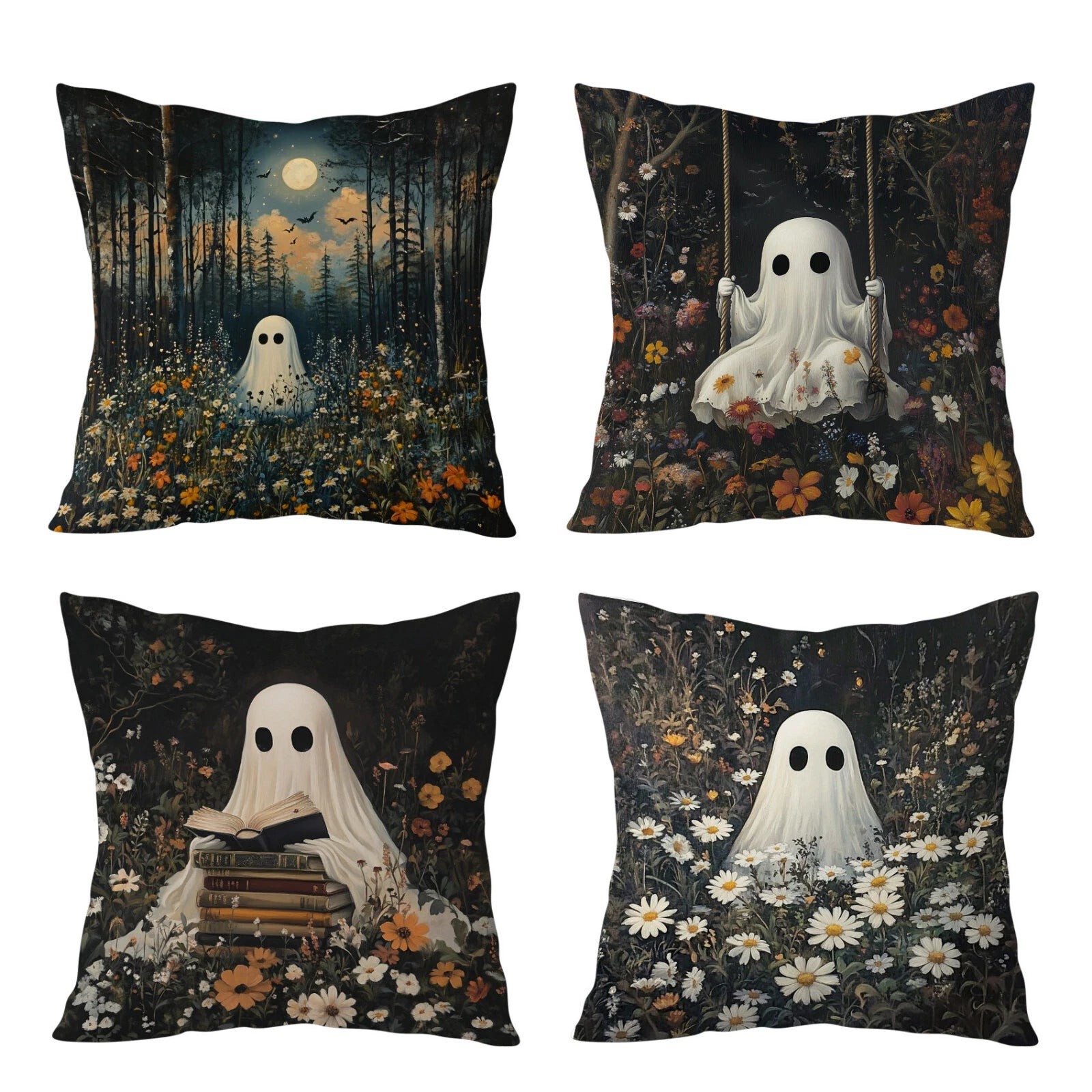 4pcs Wildflower Spooky Halloween Ghost Pillow Case Cushion Cover Sofa Home Decor