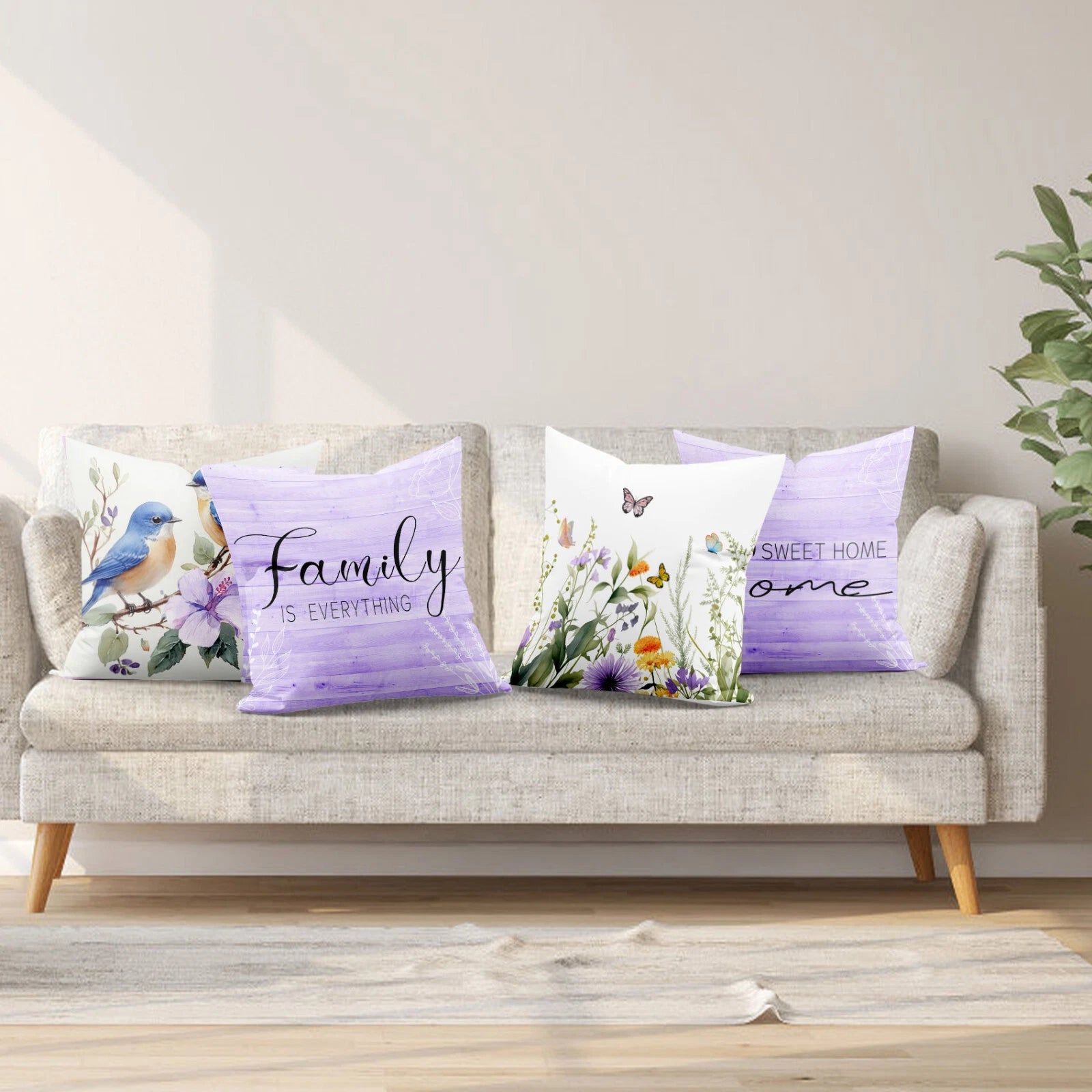 4pcs Cute Bird Plant Purple Floral Pillow Case Cushion Cover Sofa Home Decor