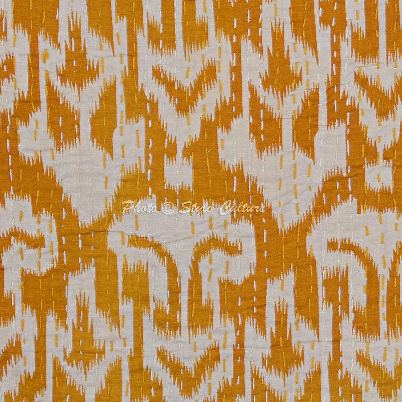 Ikat Sofa Pillowcase Kantha Embroidered Cotton Throw Cushion Cover Yellow Decor