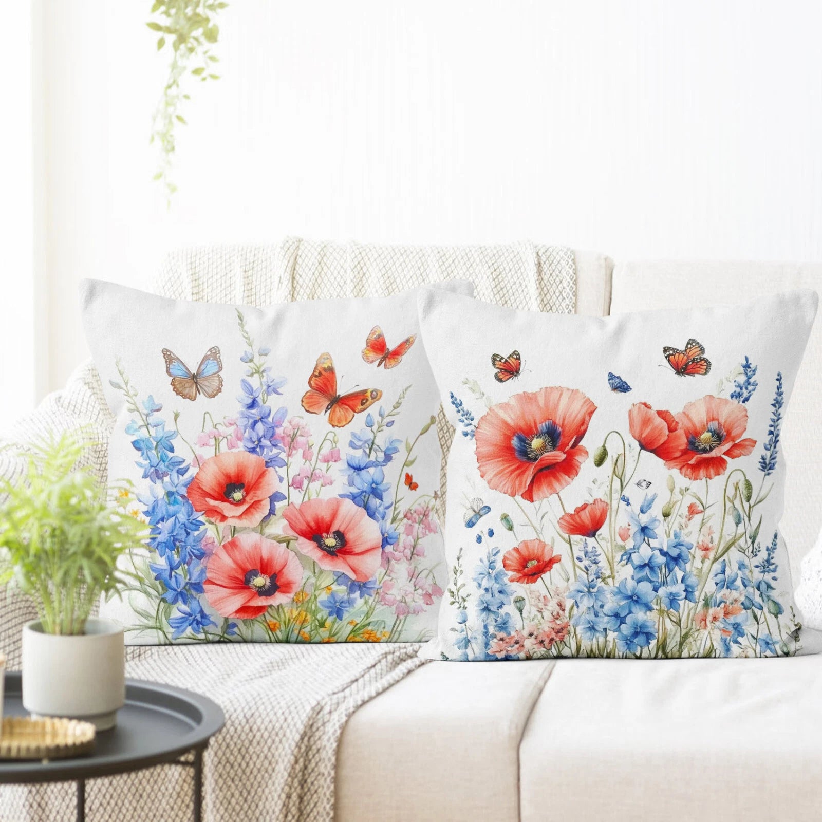 4pcs Garden Blue Butterfly Red Floral Pillow Case Cushion Cover Sofa Home Decor