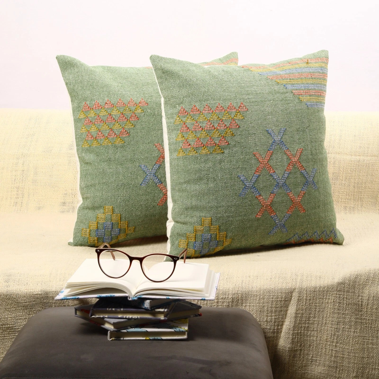 Green Handwoven Sabra kilim Pillow Cover Set of 2 cushion for sofa decor