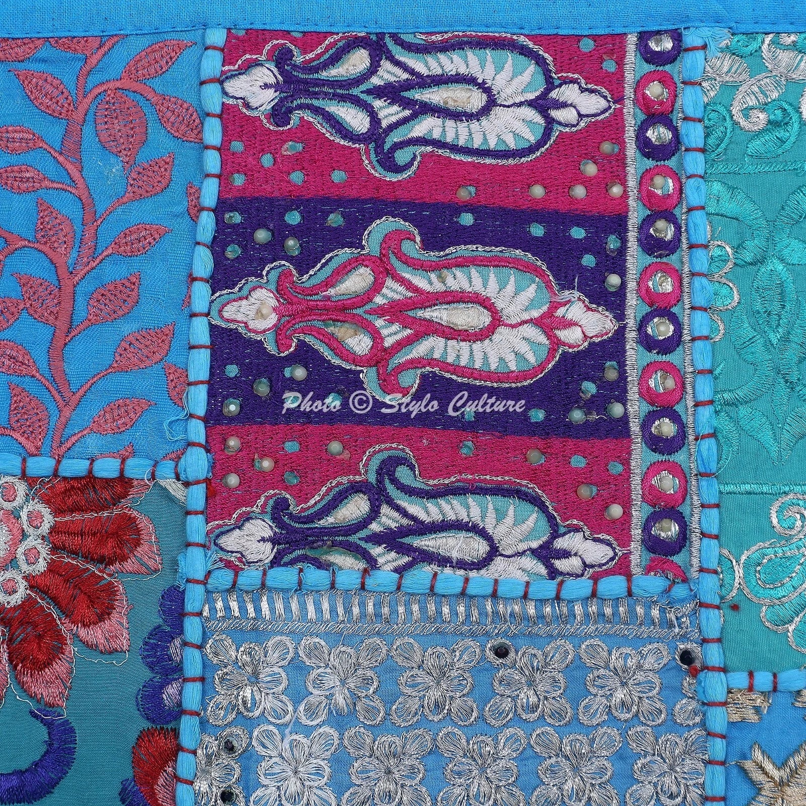 Boho Hippie Yoga Pillow Case Cushion Cover Blue Vintage Patchwork Meditation