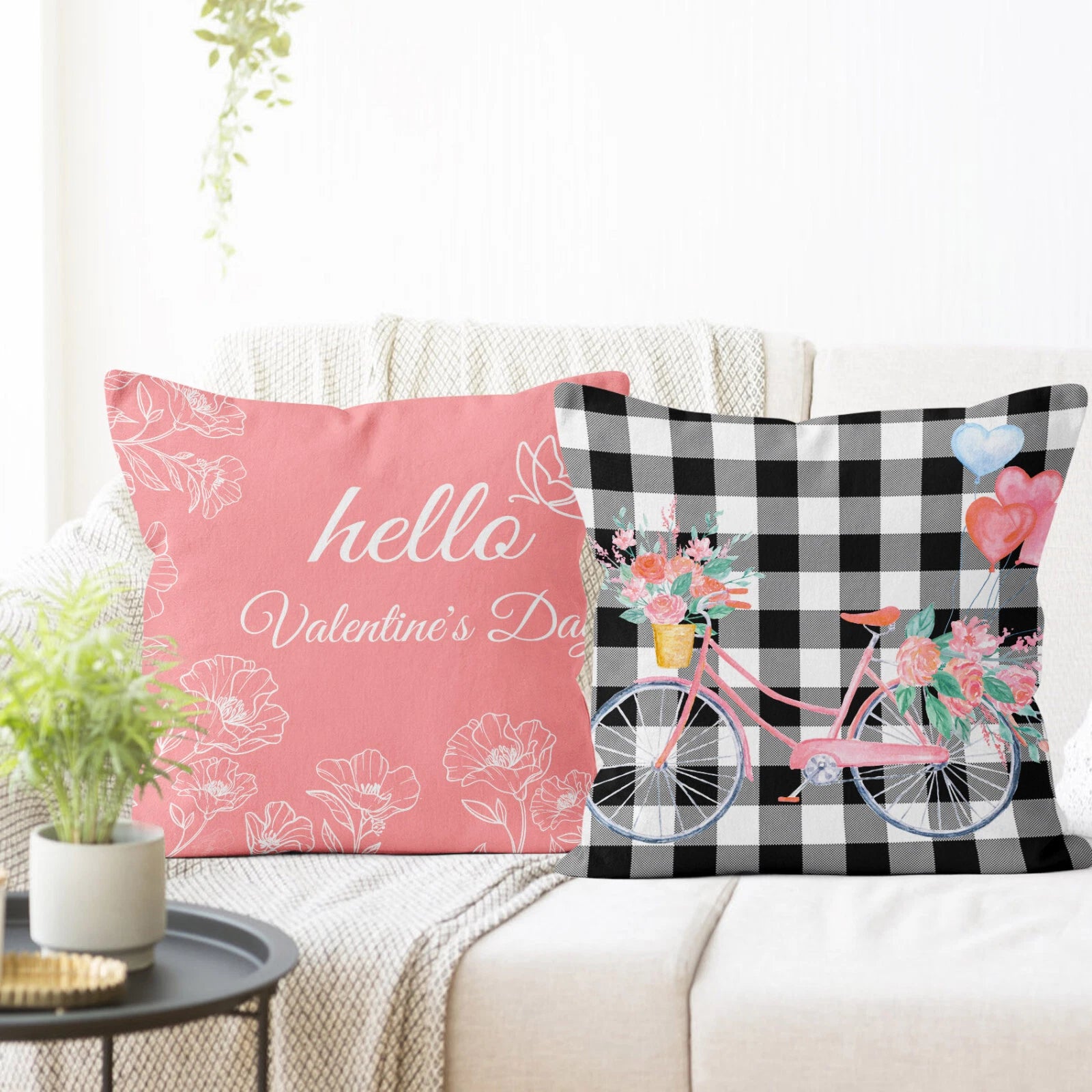 4pcs Black Plaid Spring Pink Floral Pillow Case Cushion Cover Sofa Home Decor