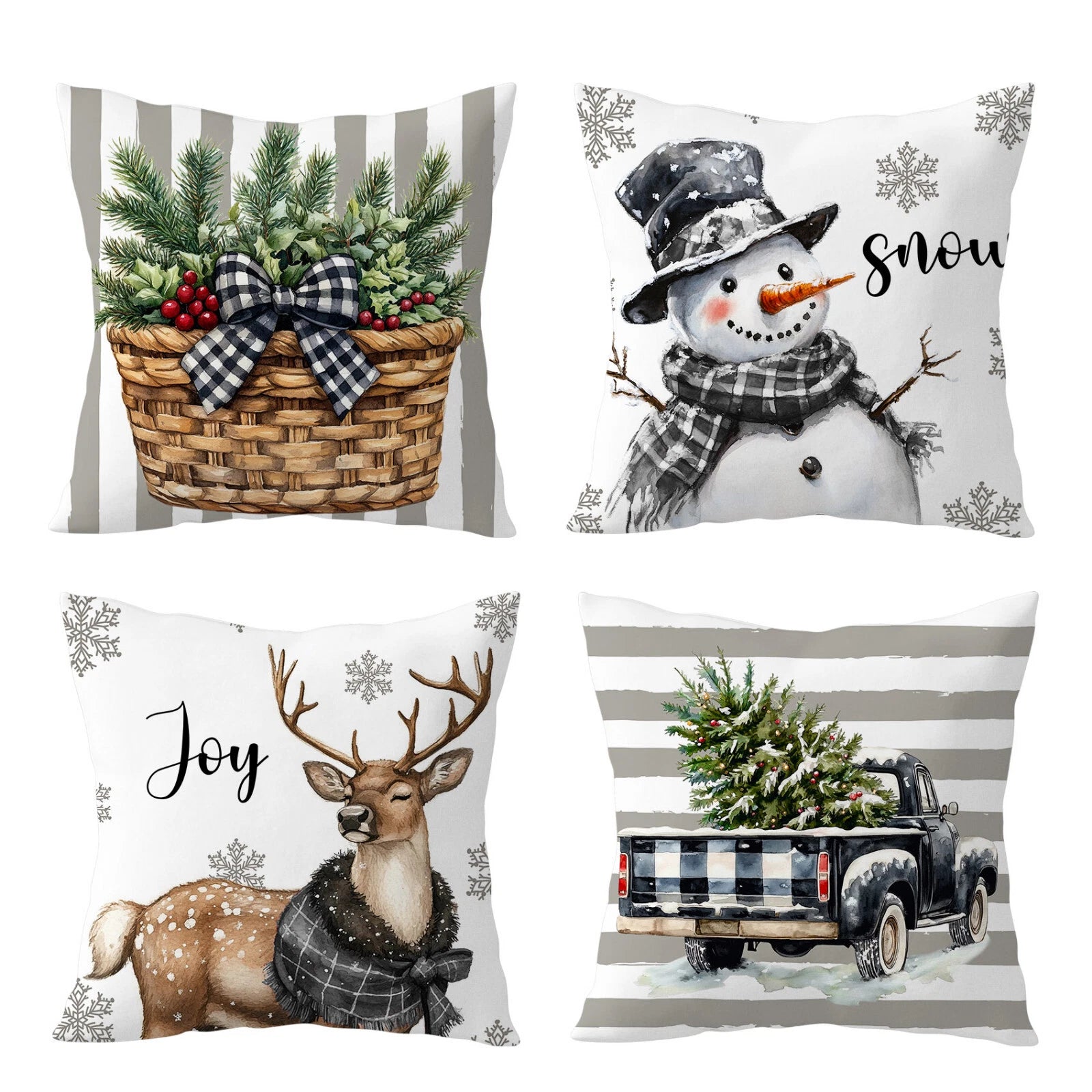 4pcs Grey Plaid Funny Christmas Deer Pillow Case Cushion Cover Sofa Home Decor