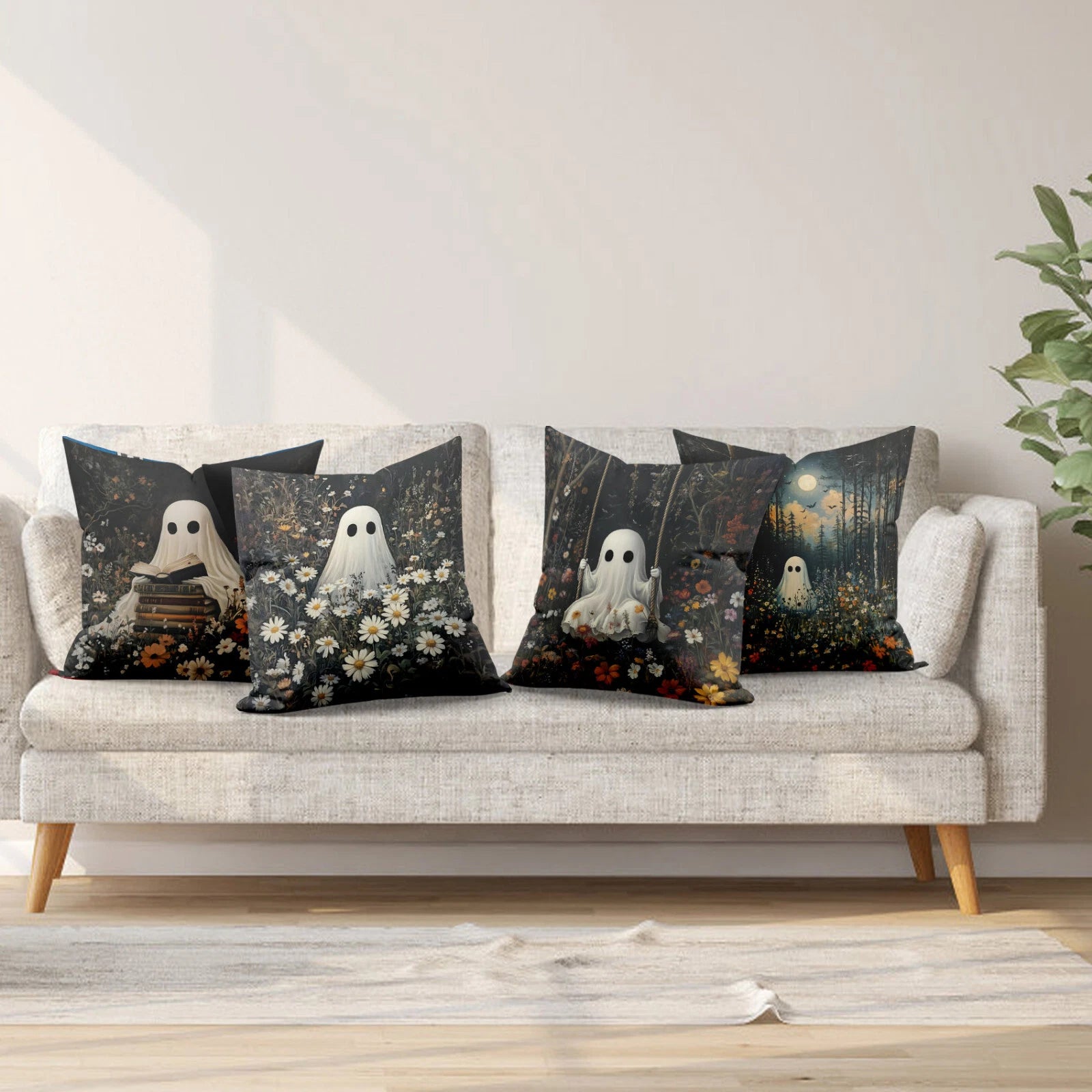 4pcs Wildflower Spooky Halloween Ghost Pillow Case Cushion Cover Sofa Home Decor