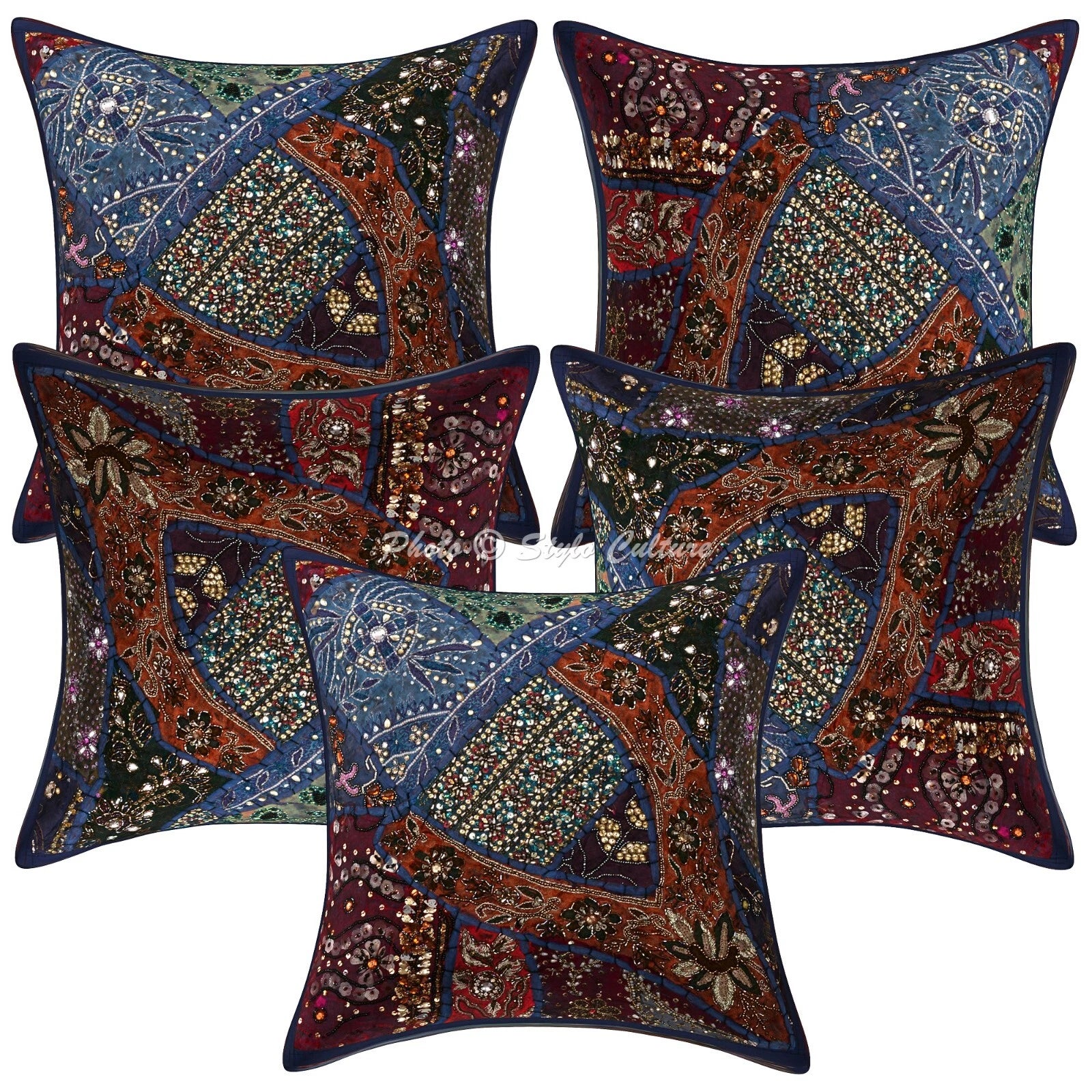 Ethnic Cushion Cover Bohemian Beaded 16 x 16 in Hippie Sofa Car Pillow Case