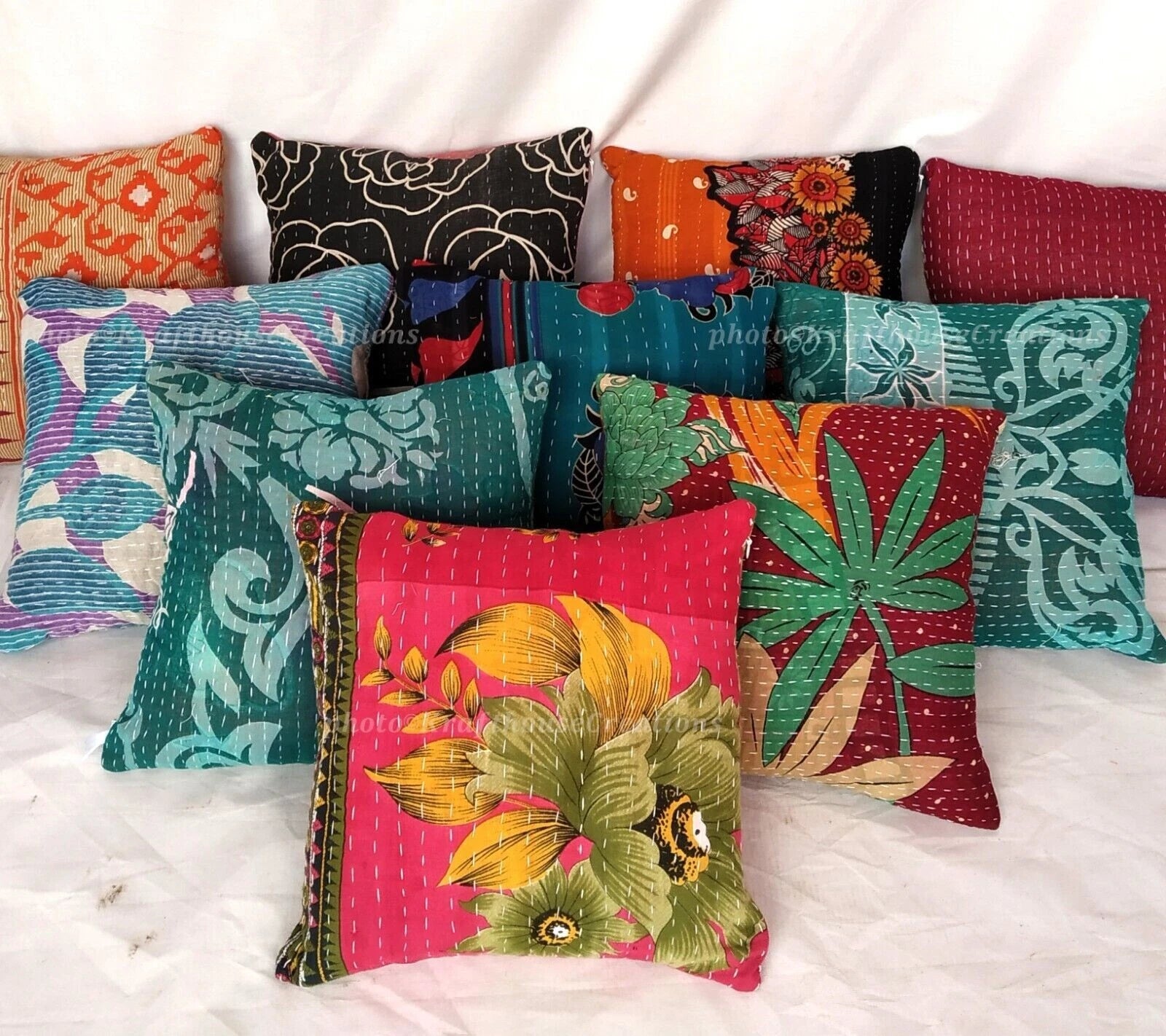 Kantha quilted floral cushion cover 5 pcs lot 18x18 inches bed sofa home decor