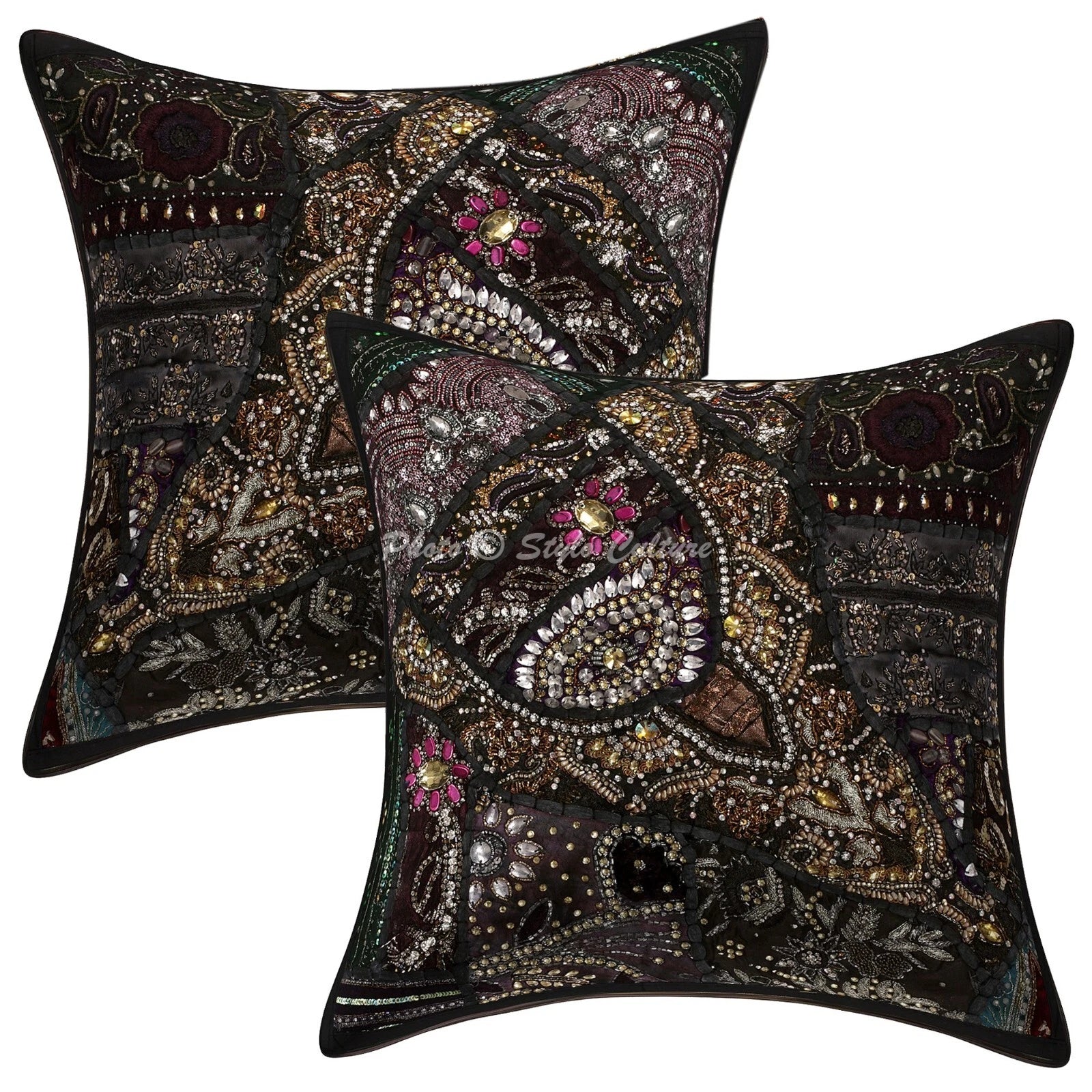 Ethnic Cushion Cover Handmade Boho Beaded 16 x 16 in Hippie Sofa Car Pillow Case