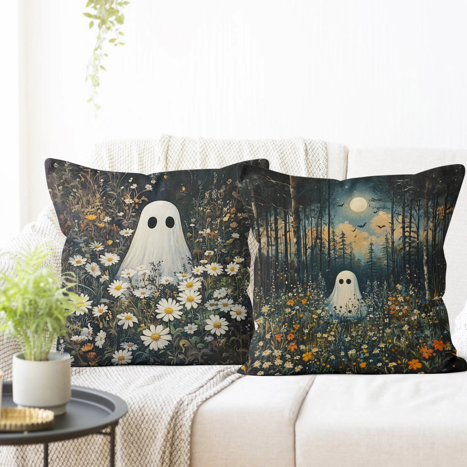 4pcs Wildflower Spooky Halloween Ghost Pillow Case Cushion Cover Sofa Home Decor