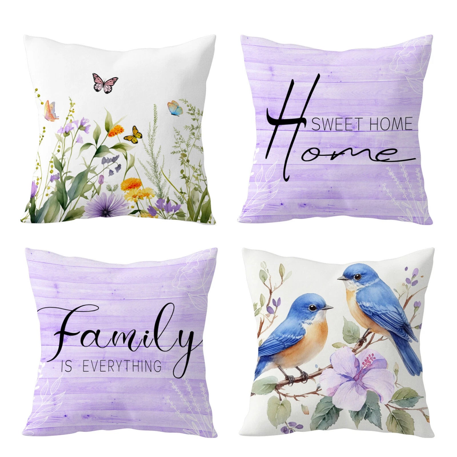 4pcs Cute Bird Plant Purple Floral Pillow Case Cushion Cover Sofa Home Decor