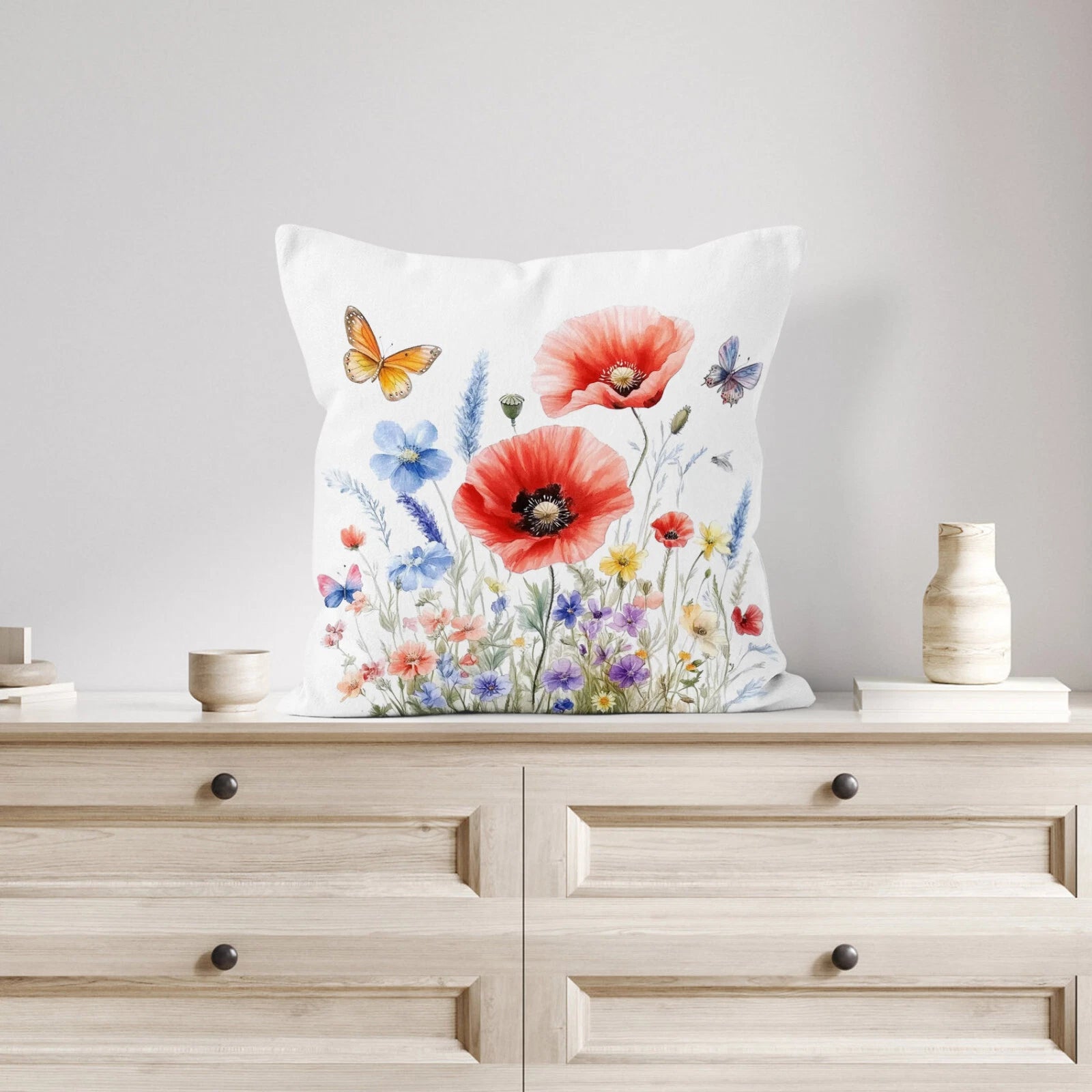 4pcs Garden Blue Butterfly Red Floral Pillow Case Cushion Cover Sofa Home Decor