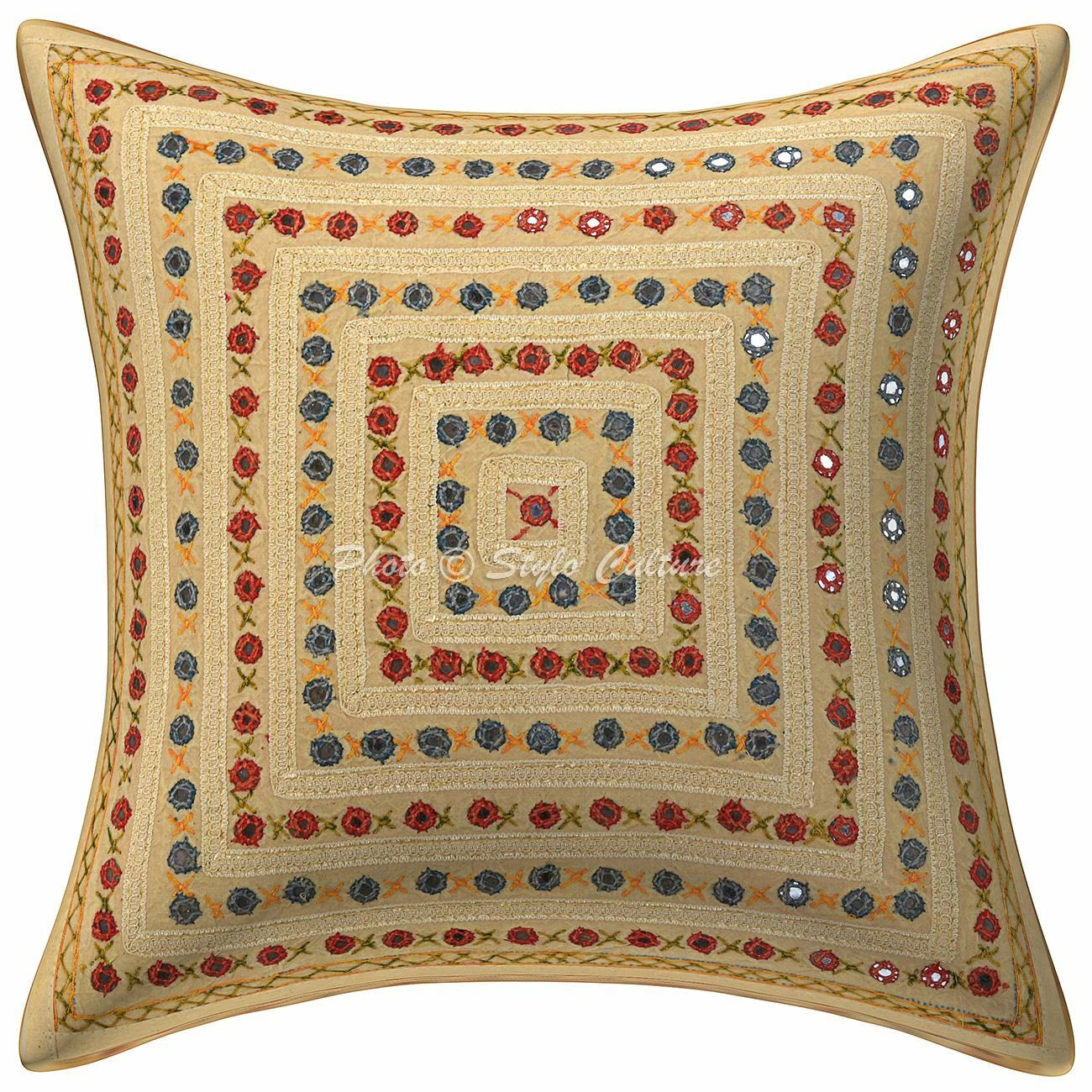 Ethnic Cotton Sofa Throw Pillow Case Yellow Embroidery Mirror Cushion Cover