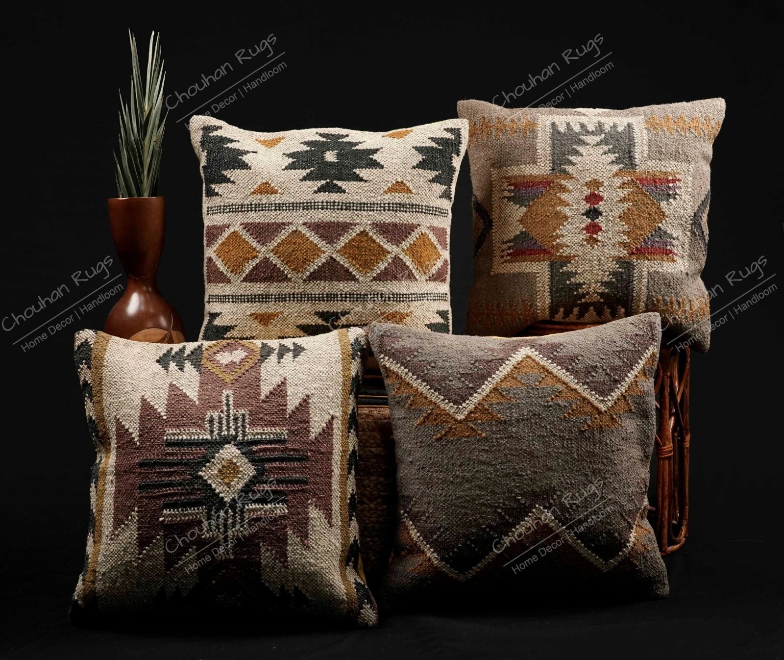 Indian Handmade 4 Set Wool Jute Kilim Cushion Cover 45x45 Cm Decor Sofa And Room