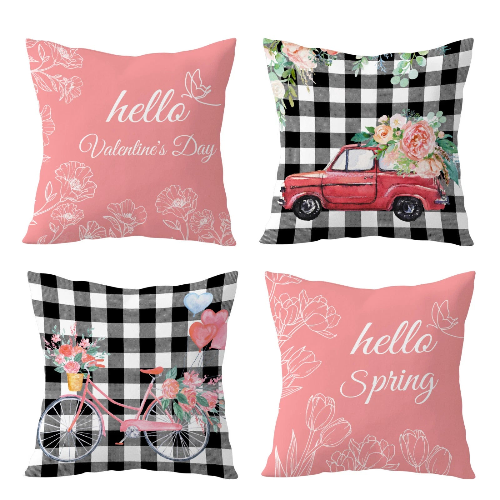 4pcs Black Plaid Spring Pink Floral Pillow Case Cushion Cover Sofa Home Decor