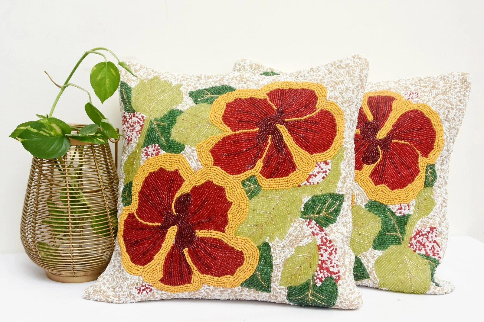 Set of 2 White Beaded Floral Cushion Covers 16"x16" – Cotton Sofa Pillow