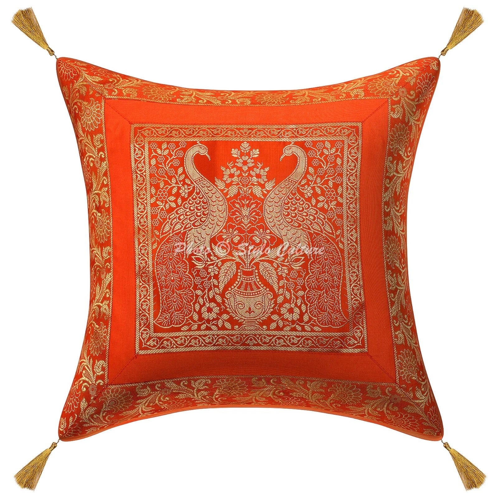 Boho Hippie Yoga Pillow Case Cushion Cover Orange Brocade Jacquard Meditation