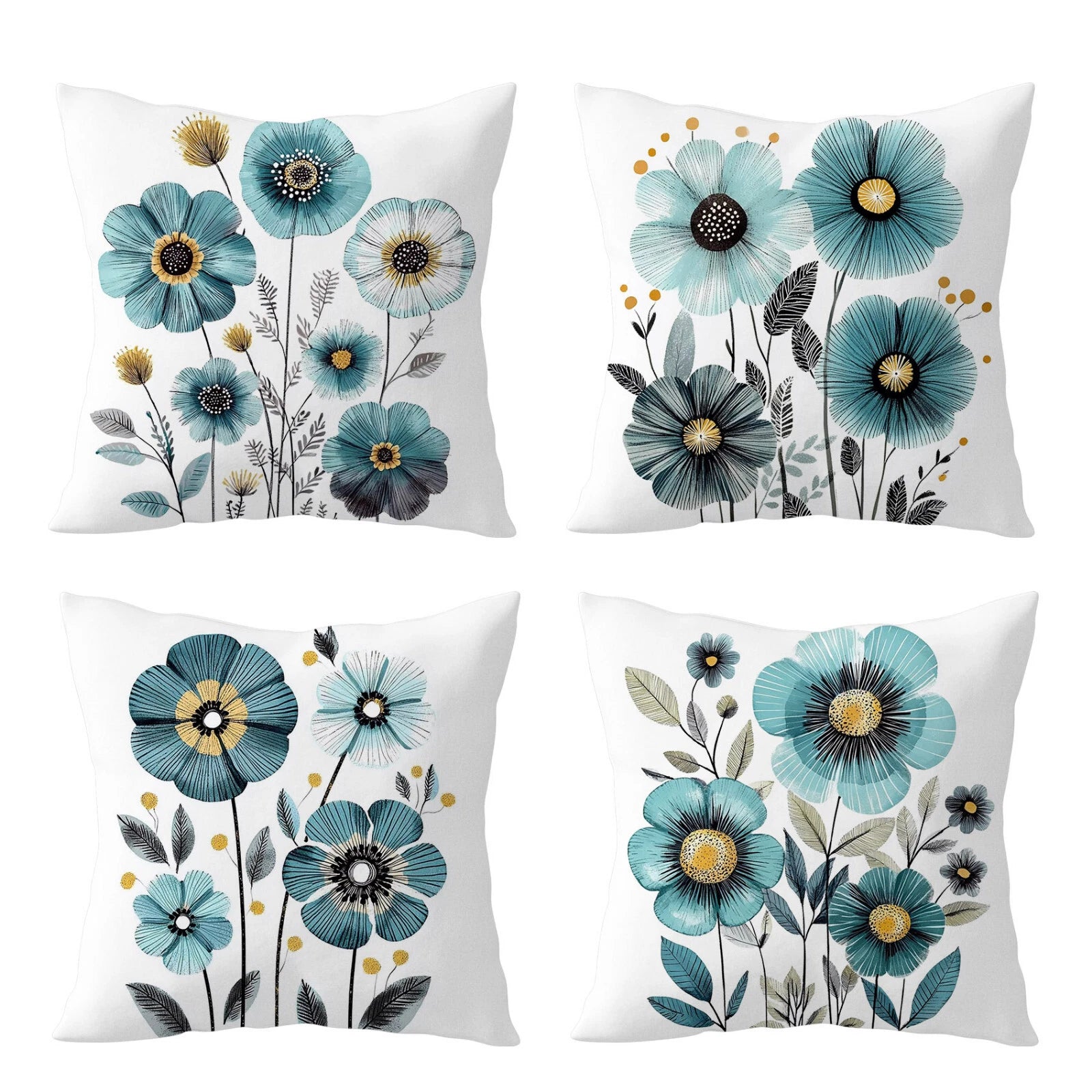 4pcs Spring Botanical Blue Floral Pillow Case Cushion Cover Sofa Home Decor
