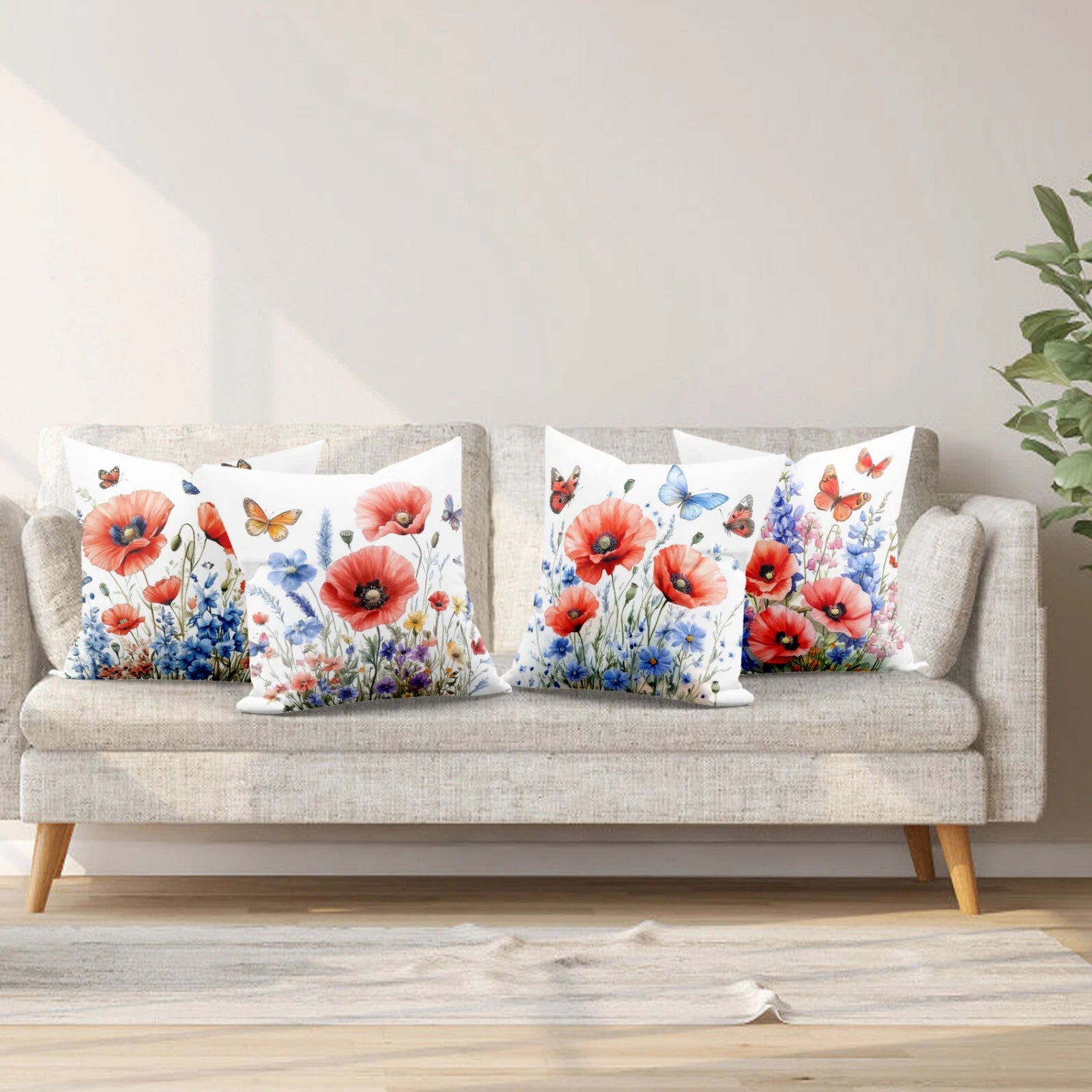 4pcs Garden Blue Butterfly Red Floral Pillow Case Cushion Cover Sofa Home Decor