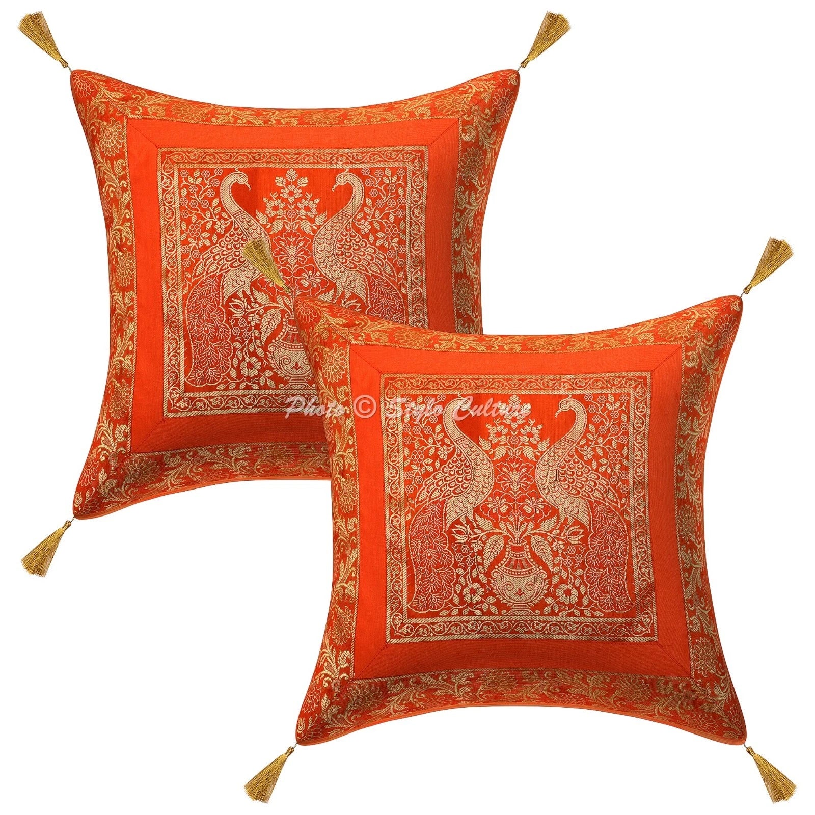 Boho Hippie Yoga Pillow Case Cushion Cover Orange Brocade Jacquard Meditation