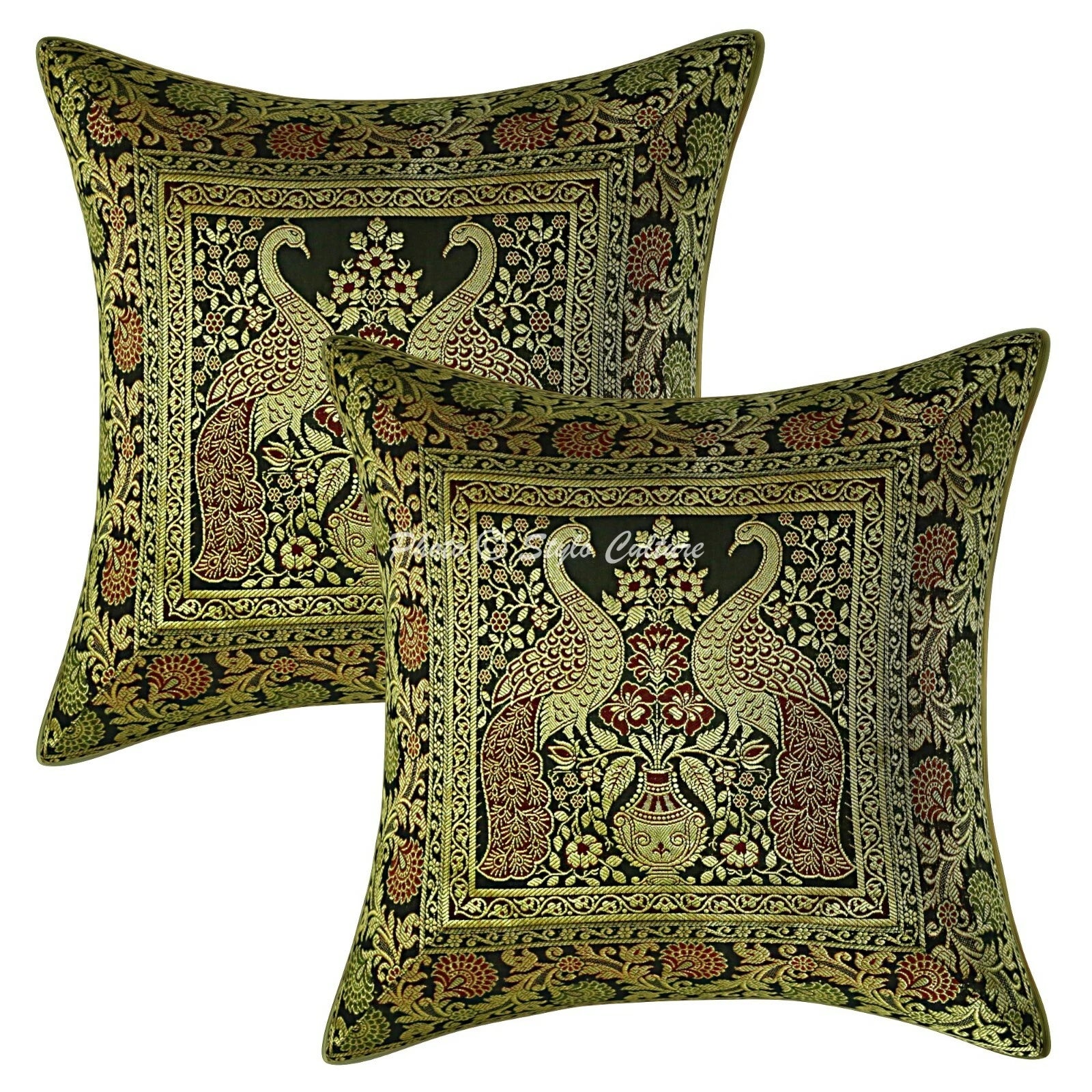 Boho Throw Pillow Covers Brocade Ethnic 16 x 16 Peacock Sofa Decor Pillow Case