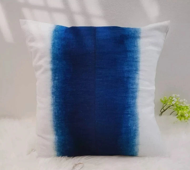 Indigo Shibori Pillowcase - Handmade Tie Dye Cotton Linen Cushion Cover, 18"