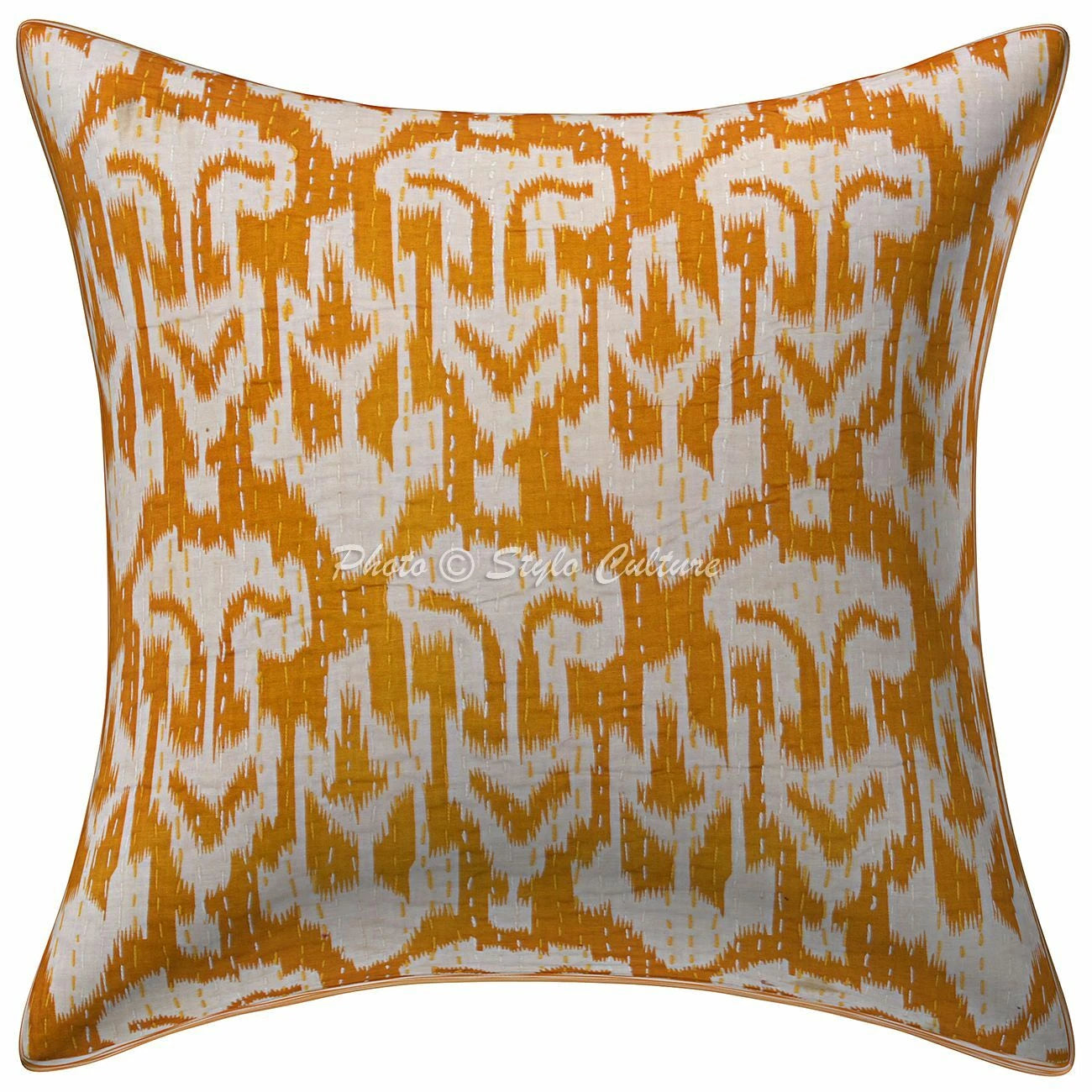 Ikat Sofa Pillowcase Kantha Embroidered Cotton Throw Cushion Cover Yellow Decor