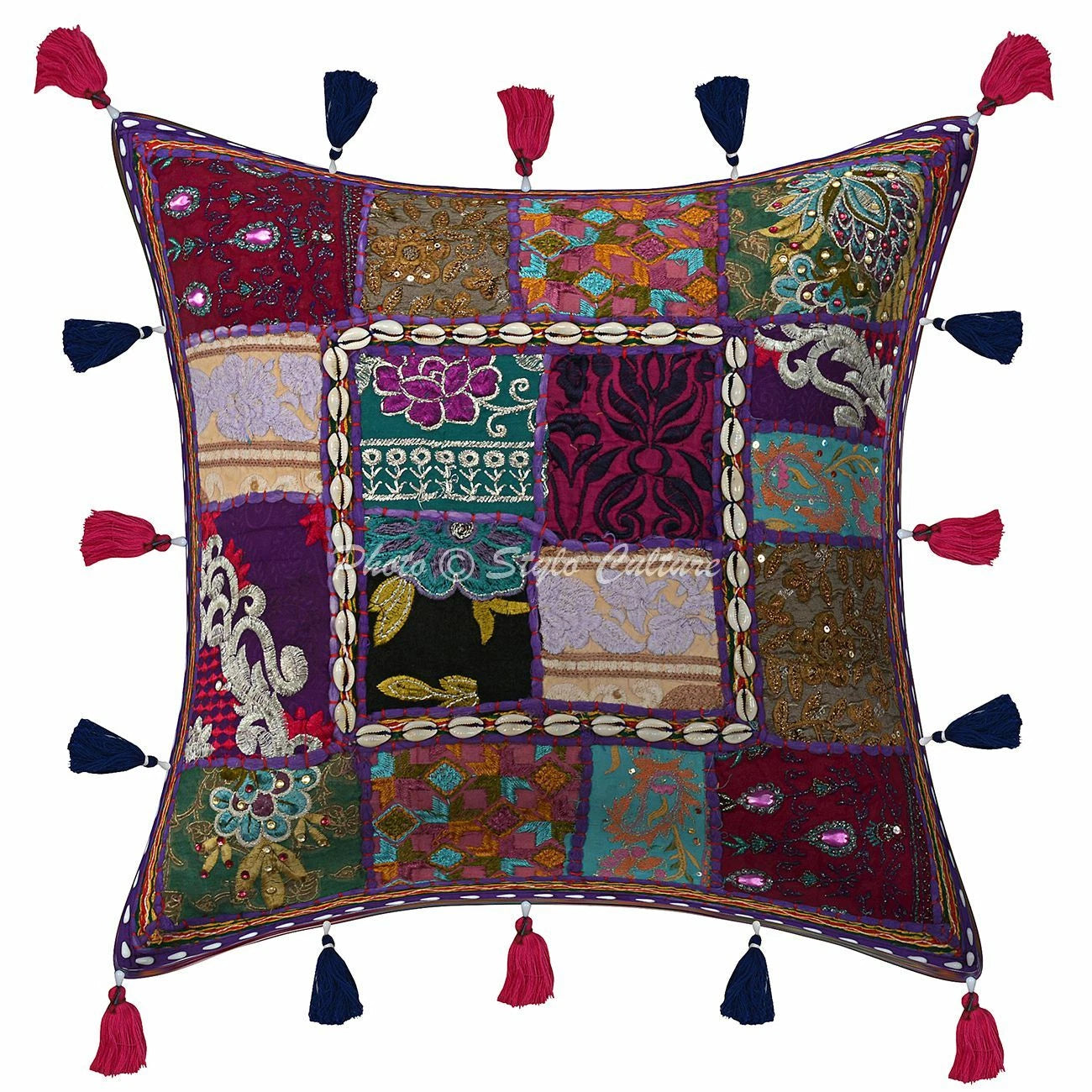 Ethnic Cotton Sofa Pillow Cases Purple 40x40 cm Patchwork Floral Cushion Cover