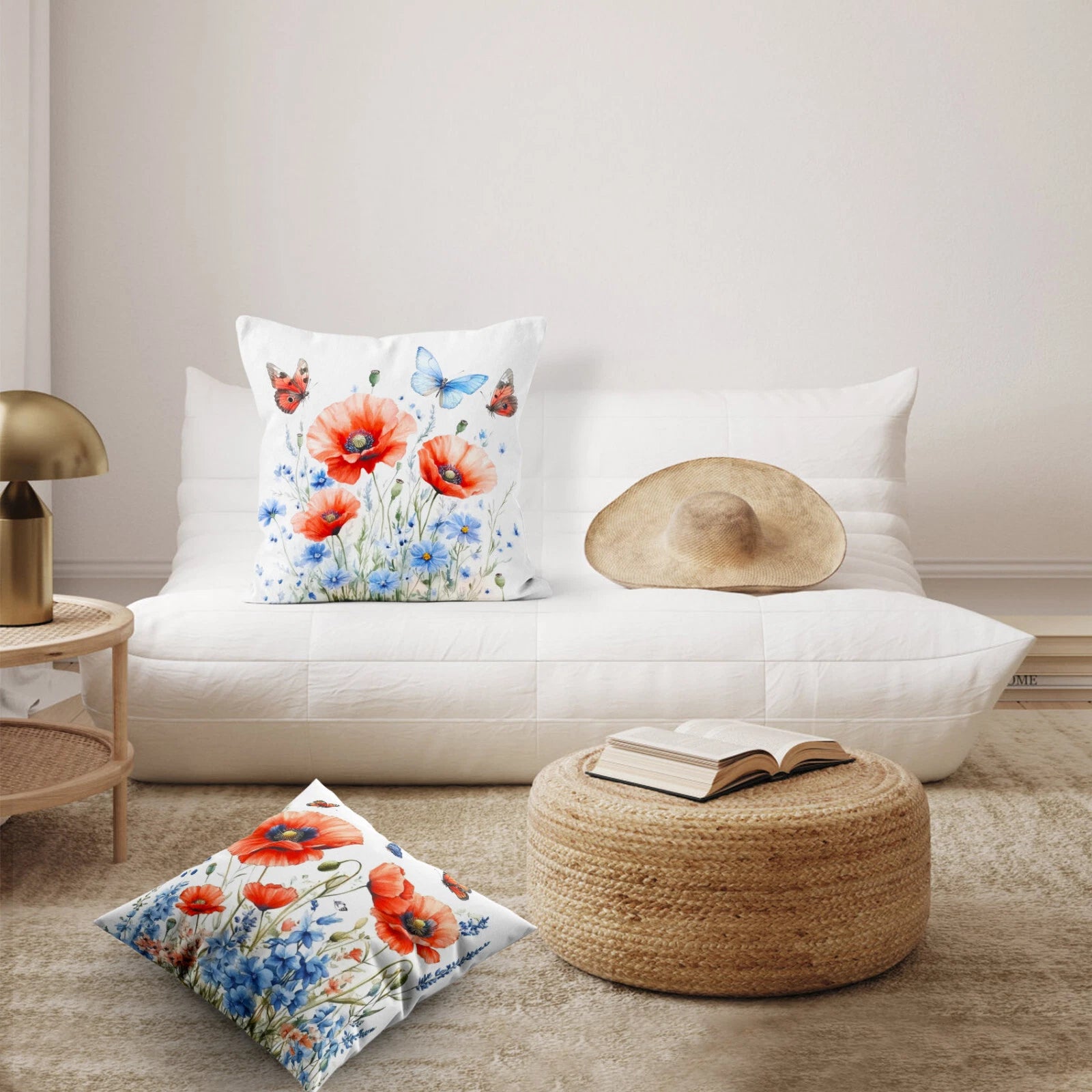 4pcs Garden Blue Butterfly Red Floral Pillow Case Cushion Cover Sofa Home Decor