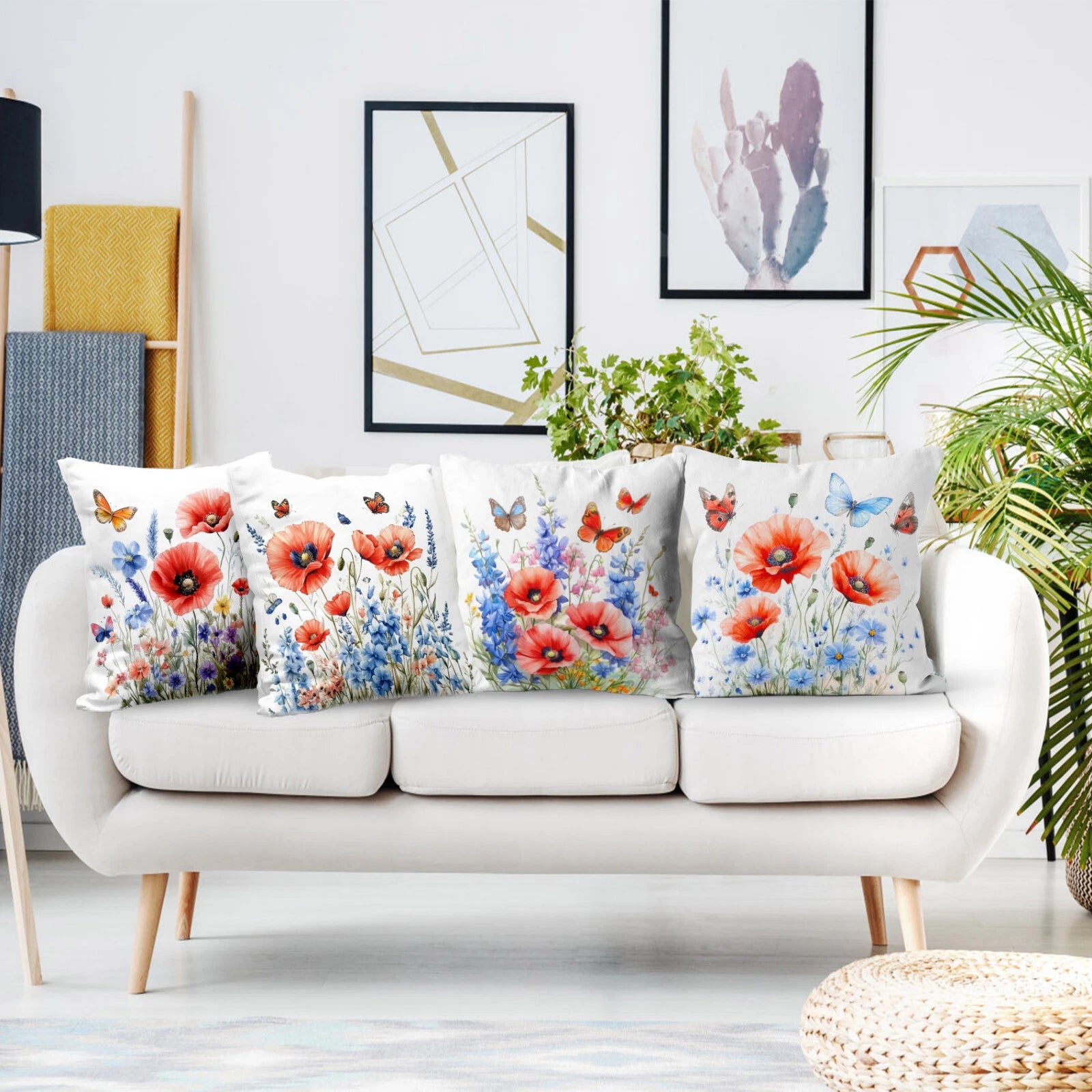 4pcs Garden Blue Butterfly Red Floral Pillow Case Cushion Cover Sofa Home Decor