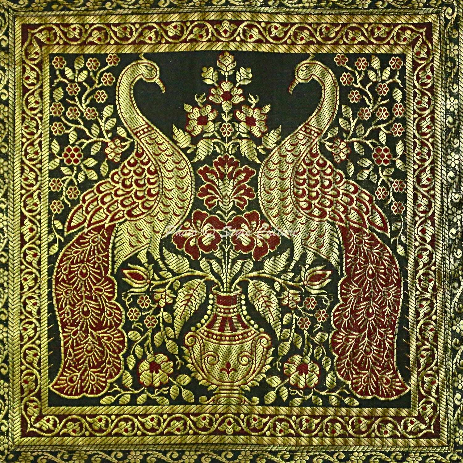 Boho Throw Pillow Covers Brocade Ethnic 16 x 16 Peacock Sofa Decor Pillow Case