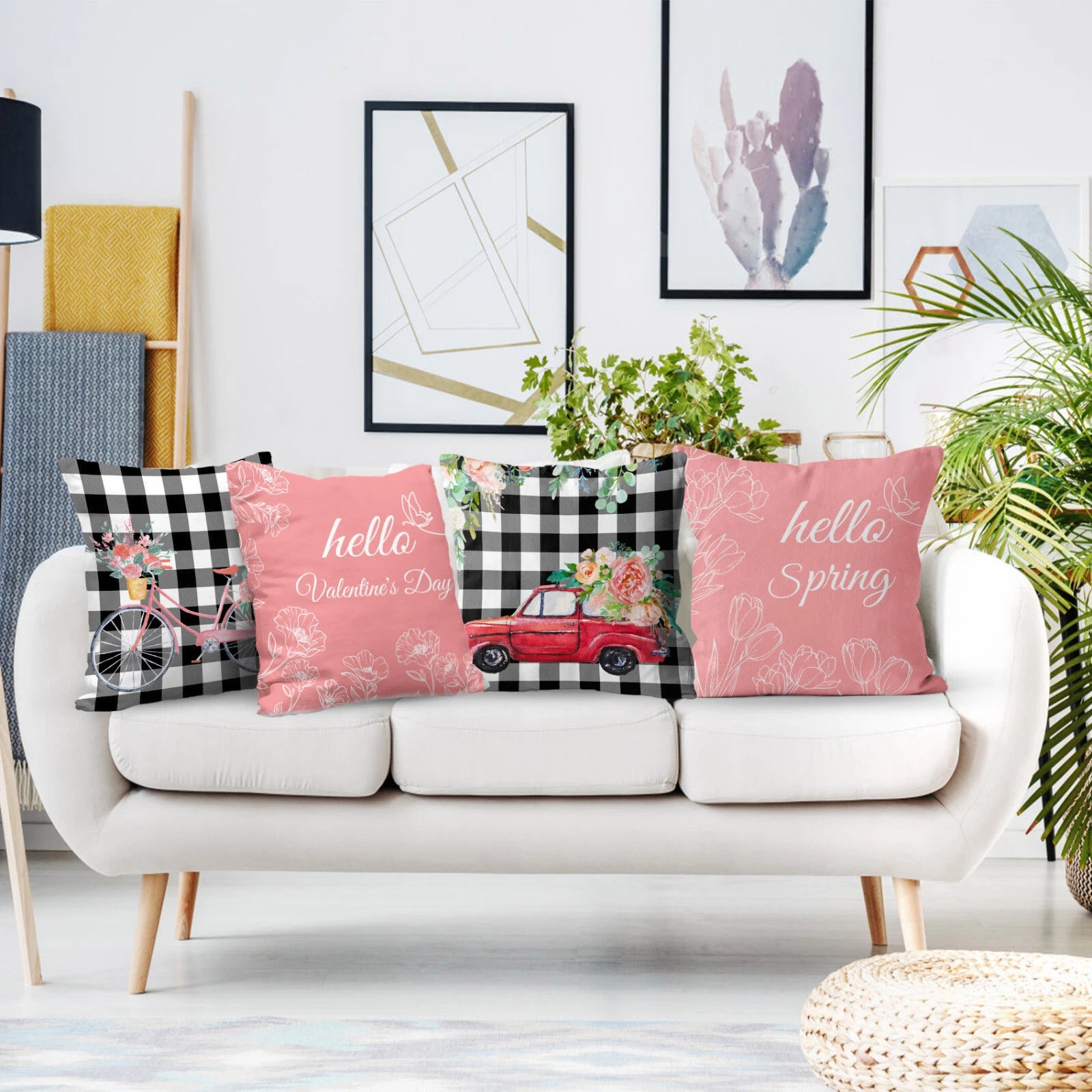 4pcs Black Plaid Spring Pink Floral Pillow Case Cushion Cover Sofa Home Decor