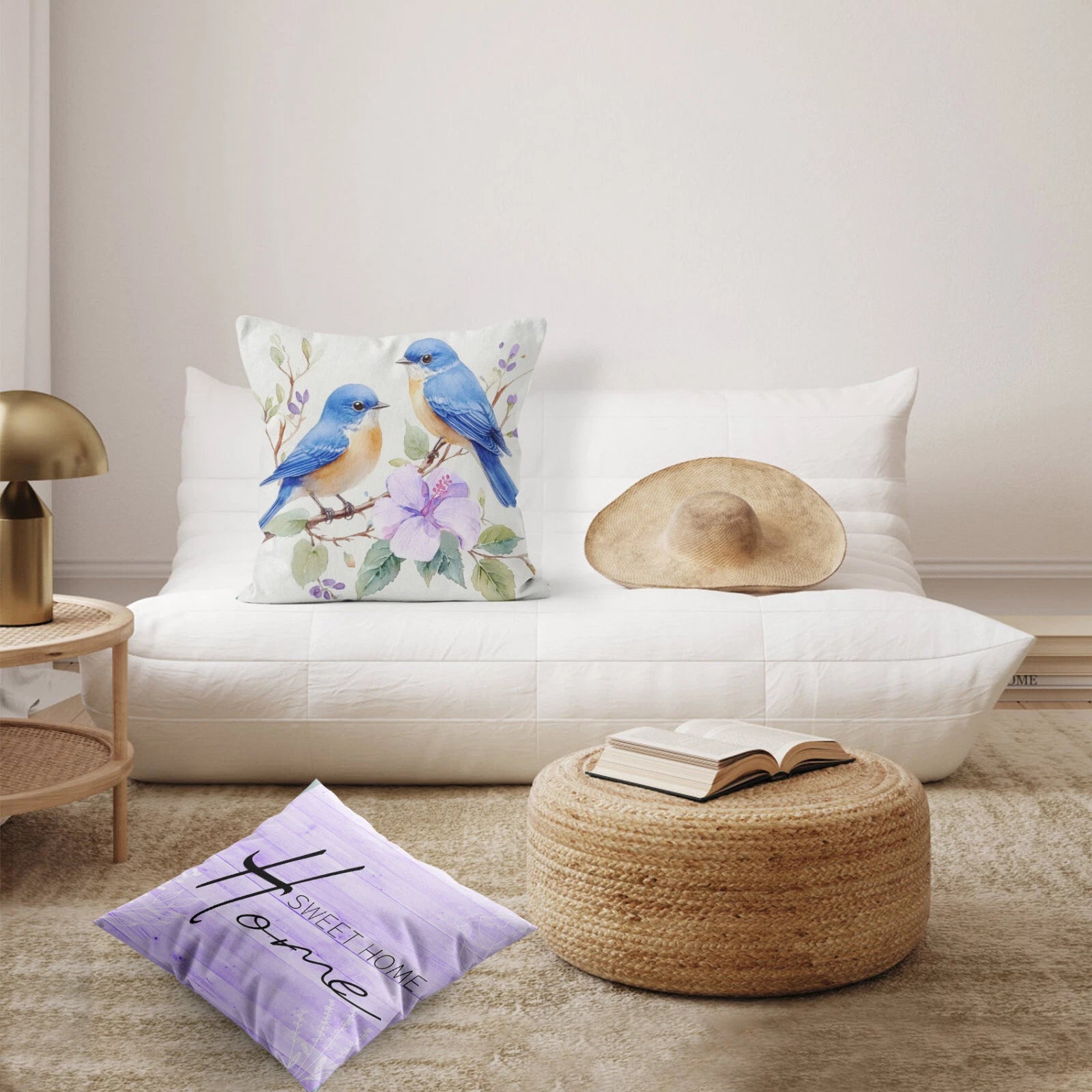 4pcs Cute Bird Plant Purple Floral Pillow Case Cushion Cover Sofa Home Decor