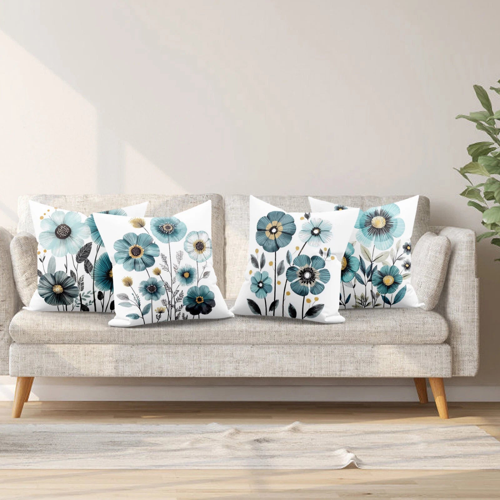 4pcs Spring Botanical Blue Floral Pillow Case Cushion Cover Sofa Home Decor