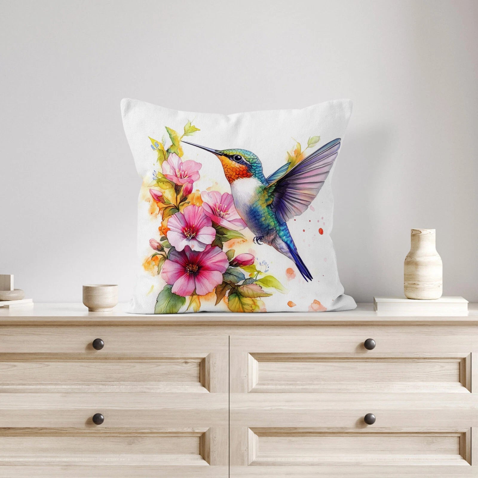 4pcs Watercolor Floral Hummingbird Pillow Case Cushion Cover Sofa Home Decor