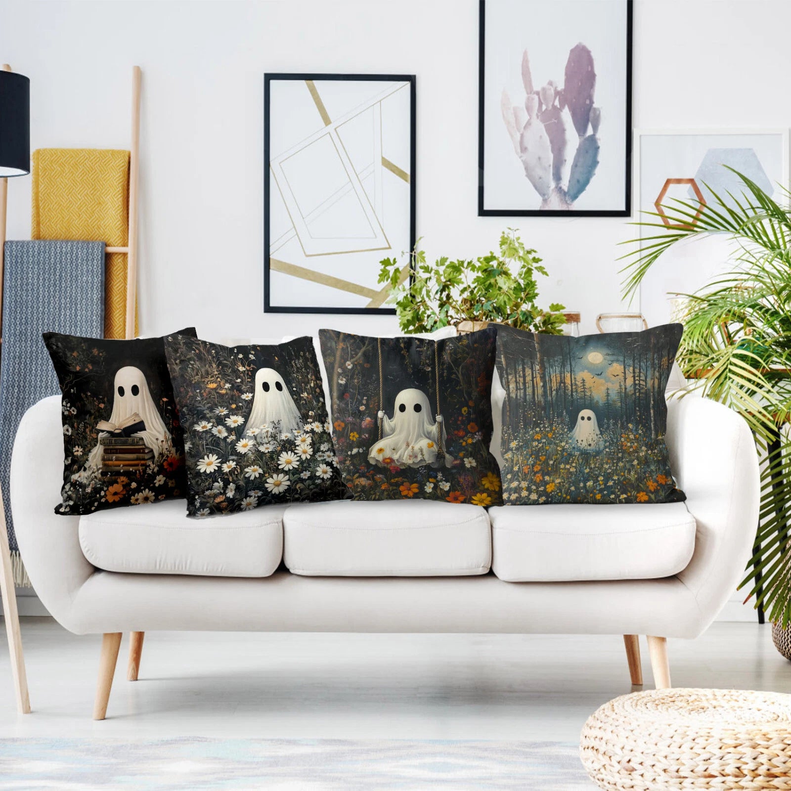 4pcs Wildflower Spooky Halloween Ghost Pillow Case Cushion Cover Sofa Home Decor