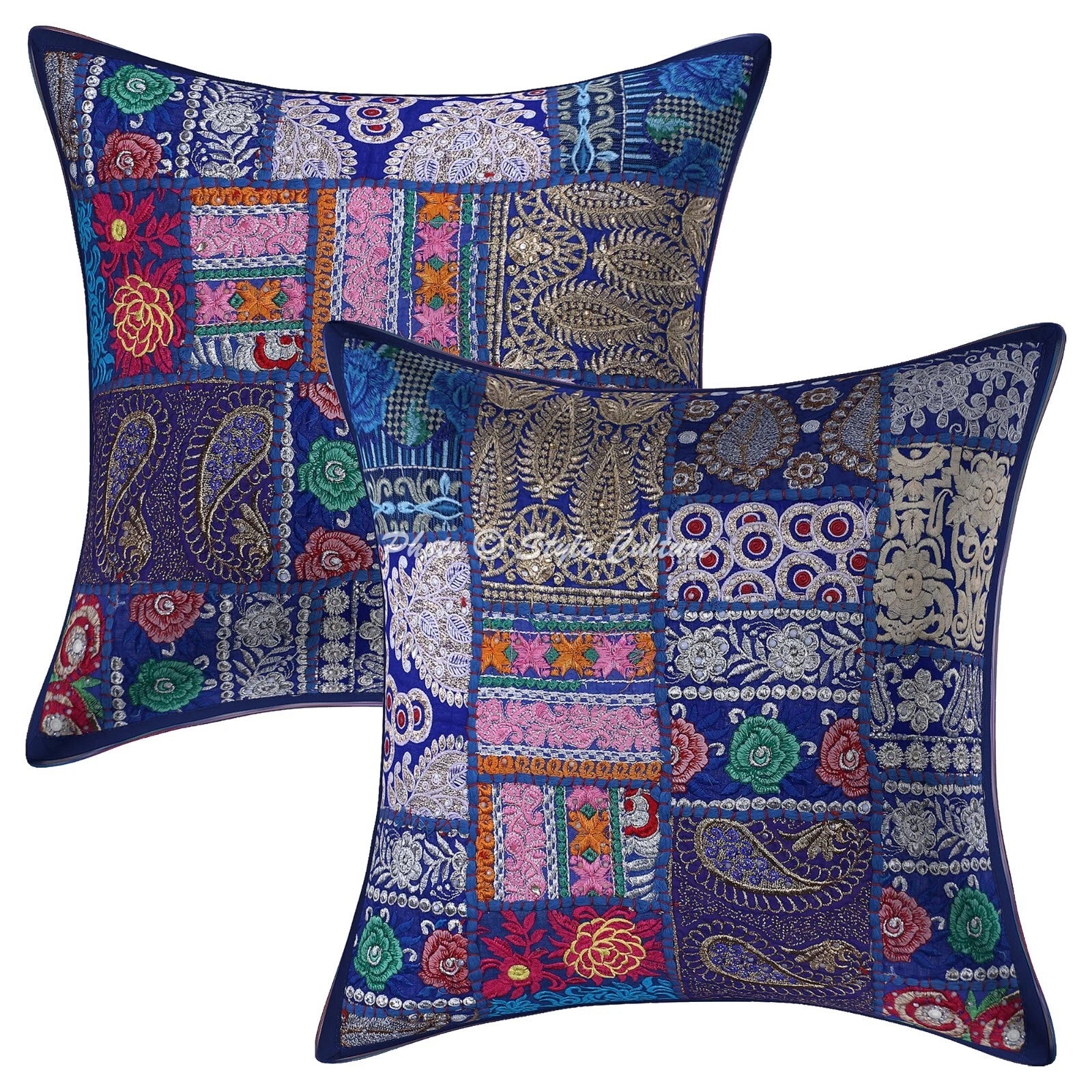 Hippie Yoga Pillow Case Indian Cushion Cover Blue Vintage Boho Meditation
