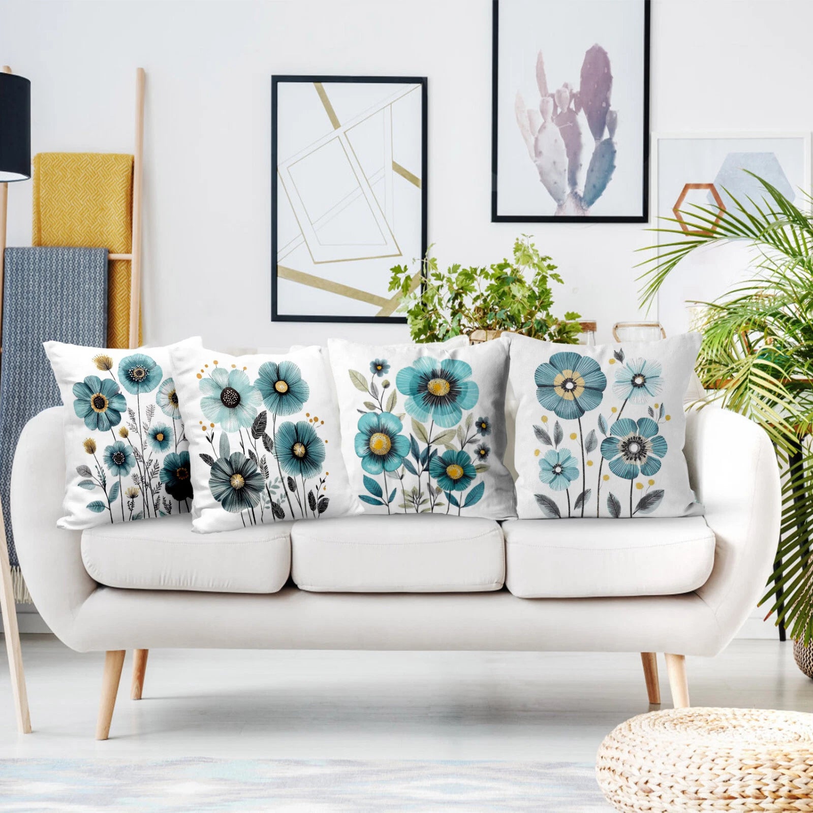 4pcs Spring Botanical Blue Floral Pillow Case Cushion Cover Sofa Home Decor