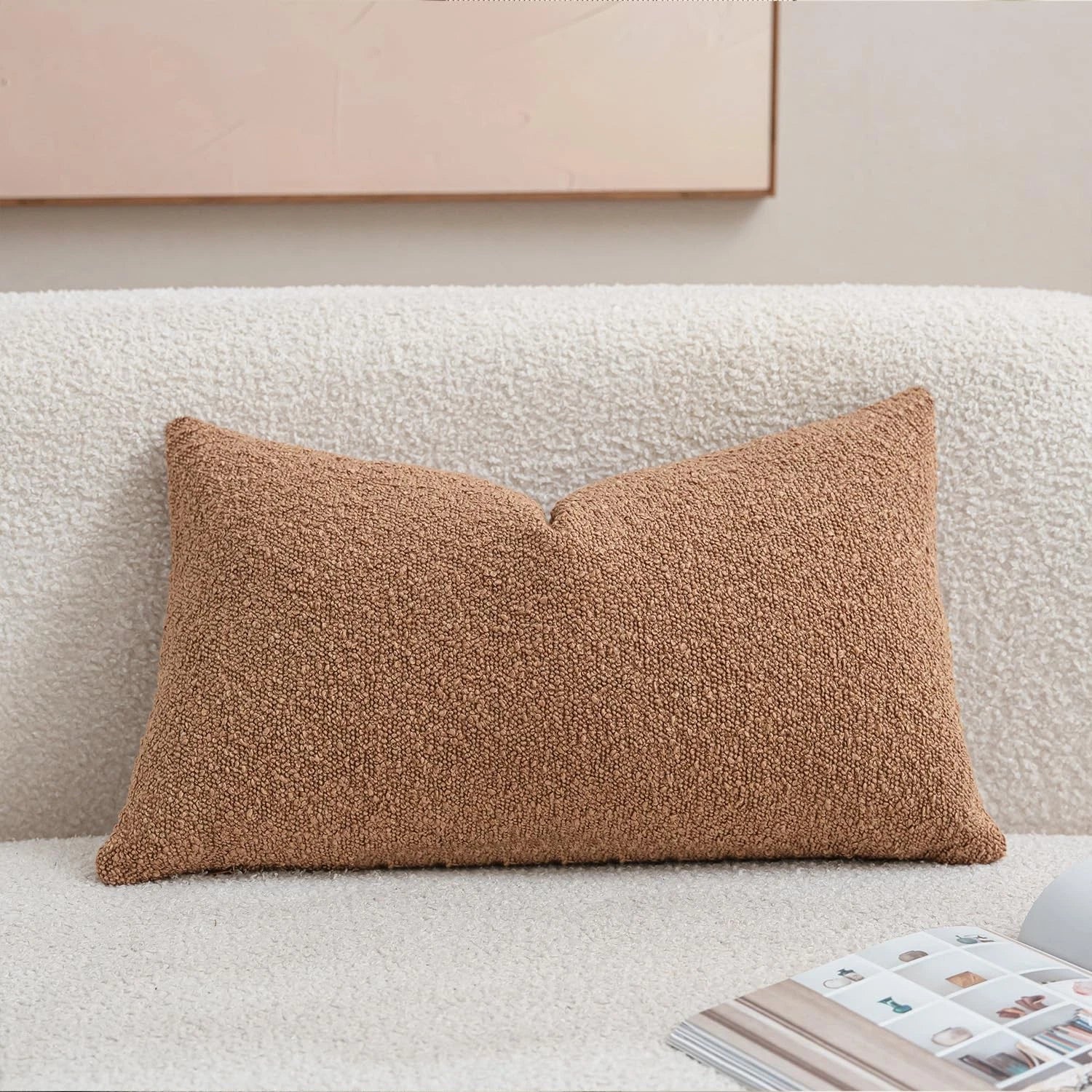 Textured Boucle Throw Pillow Covers 12x20 Camel for Bed Couch Sofa Living Roo...