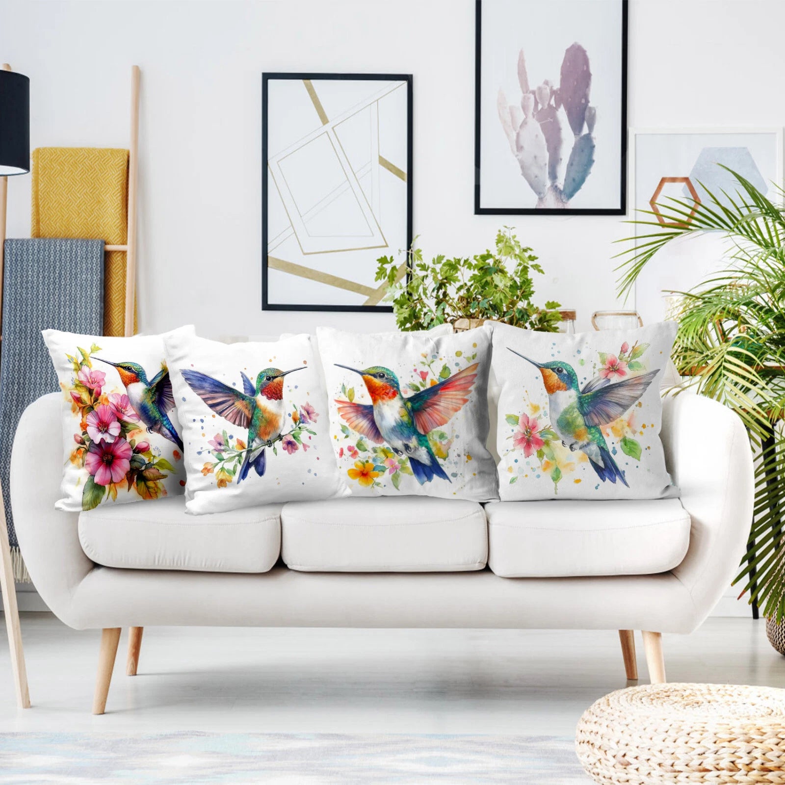 4pcs Watercolor Floral Hummingbird Pillow Case Cushion Cover Sofa Home Decor