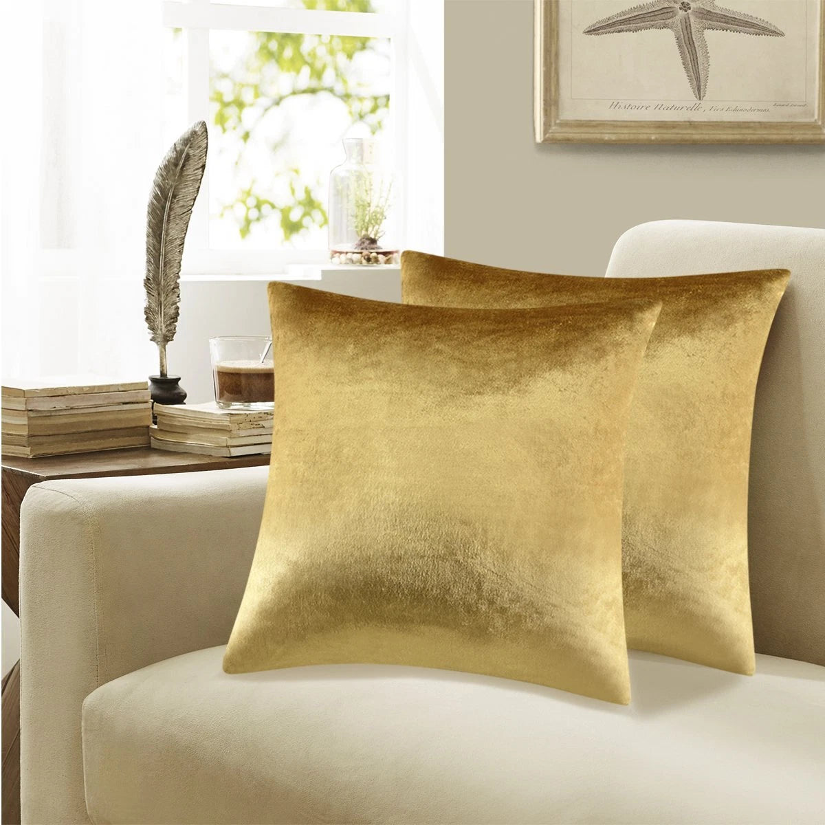 Gold Velvet Decorative Throw Pillow Covers for Sofa Bed 2 Pack Soft Cushion C...