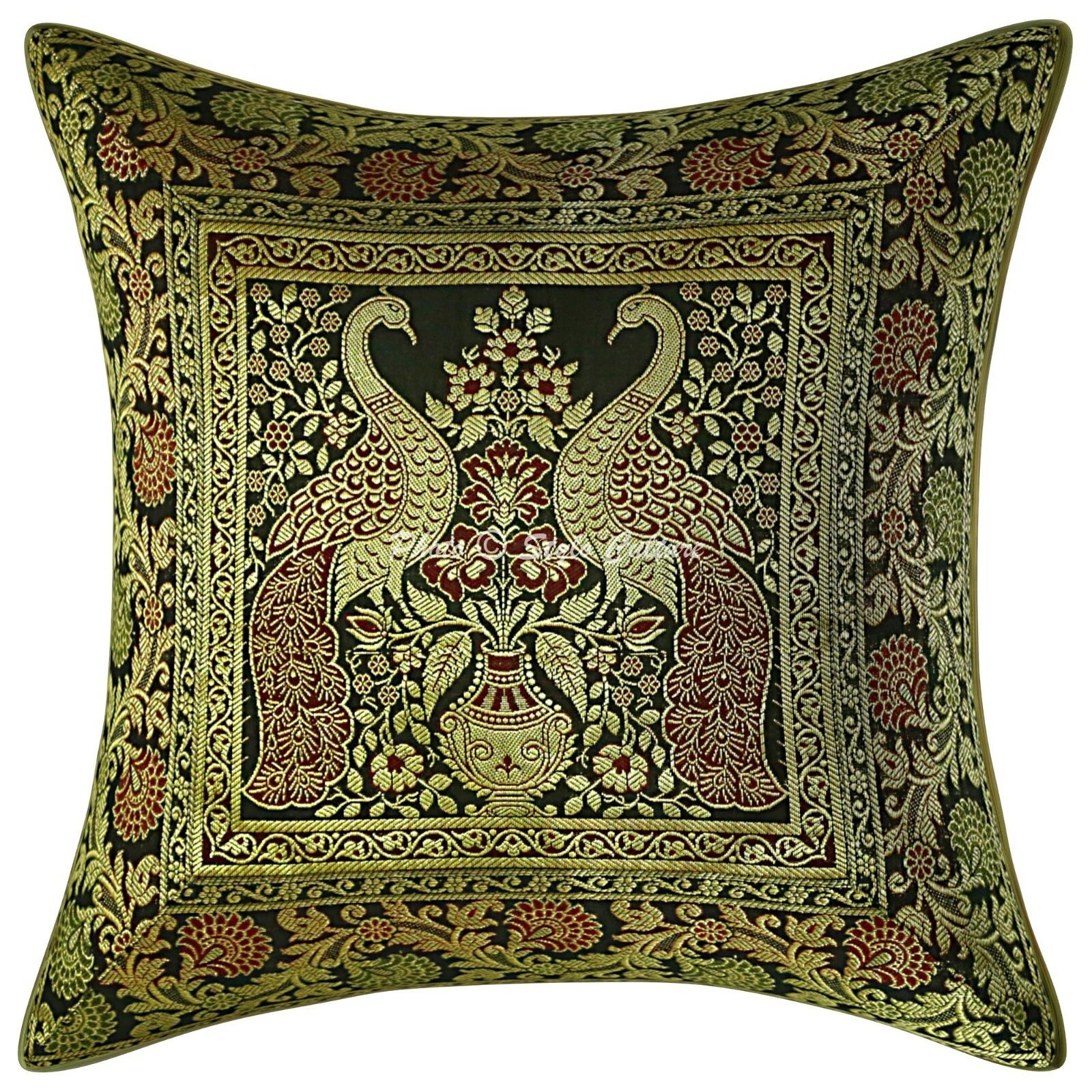 Boho Throw Pillow Covers Brocade Ethnic 16 x 16 Peacock Sofa Decor Pillow Case