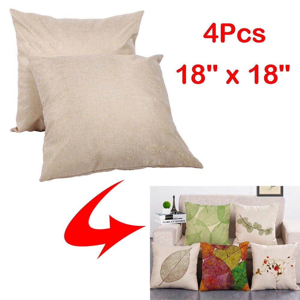 4Pcs 18" Linen Sublimation Blank Pillow Case Throw Cushion Cover Home Sofa Decor