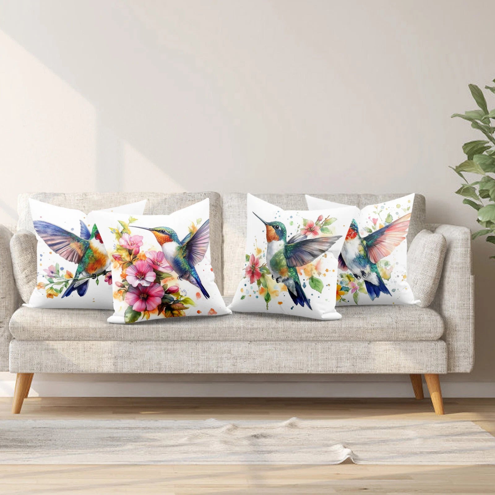 4pcs Watercolor Floral Hummingbird Pillow Case Cushion Cover Sofa Home Decor