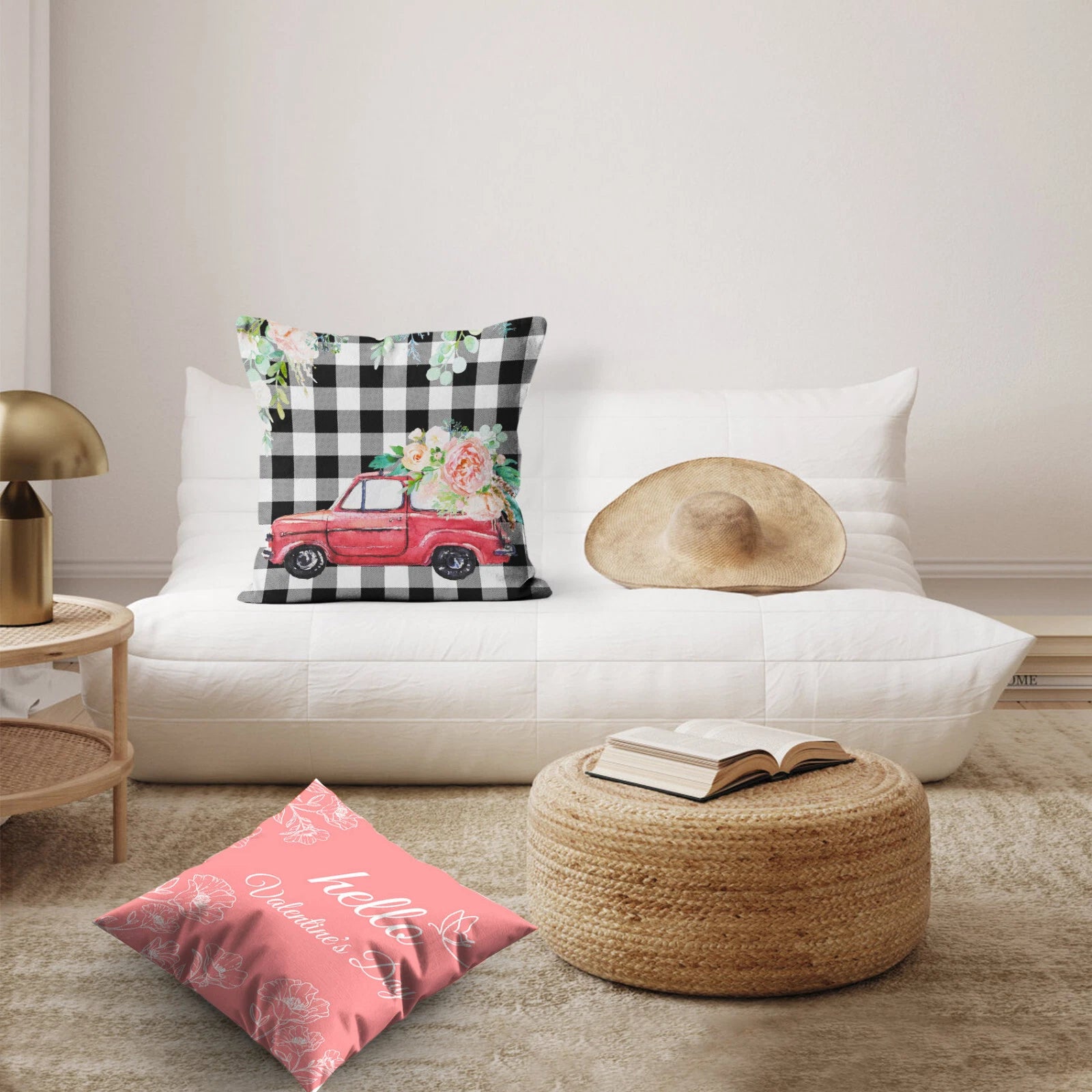 4pcs Black Plaid Spring Pink Floral Pillow Case Cushion Cover Sofa Home Decor