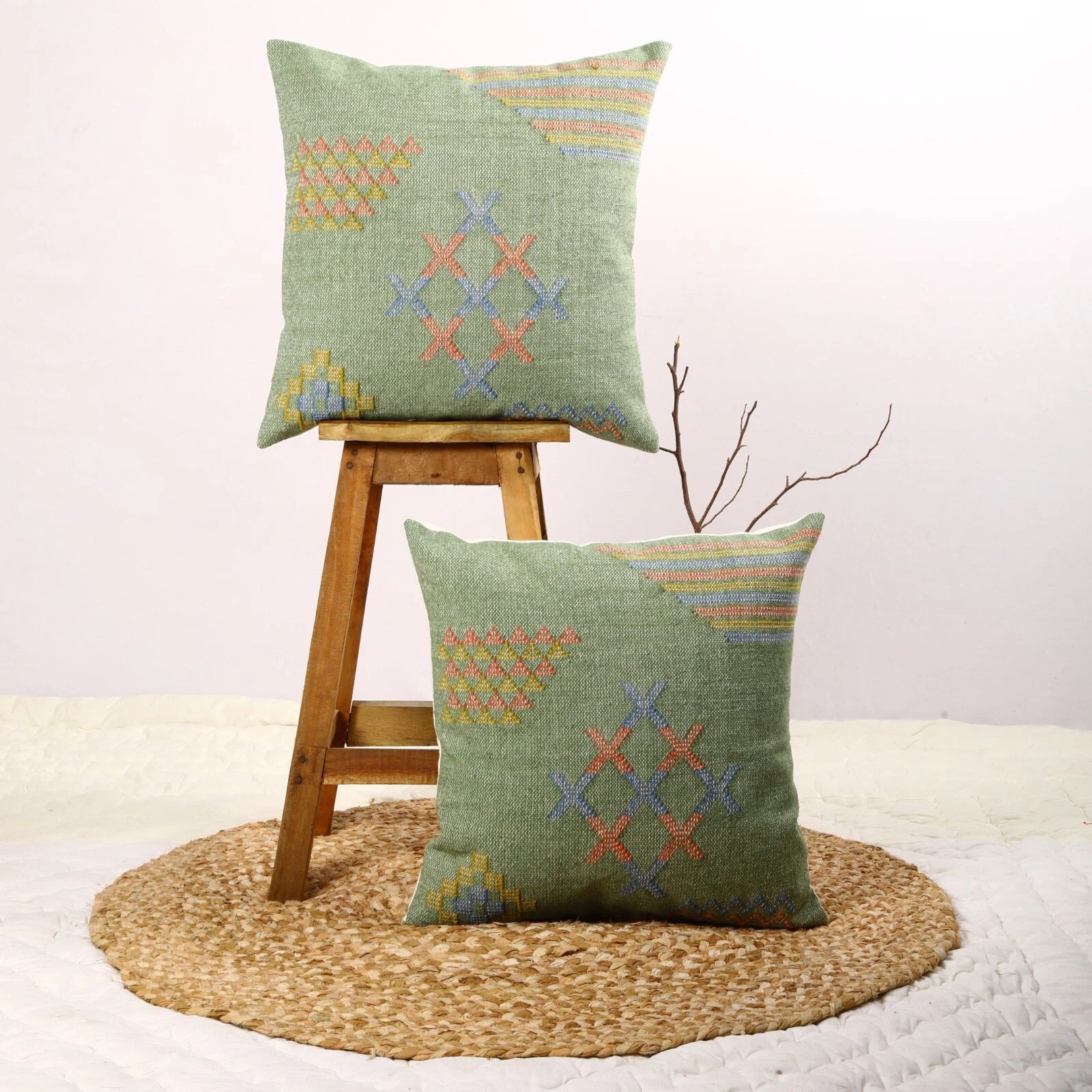 Green Handwoven Sabra kilim Pillow Cover Set of 2 cushion for sofa decor