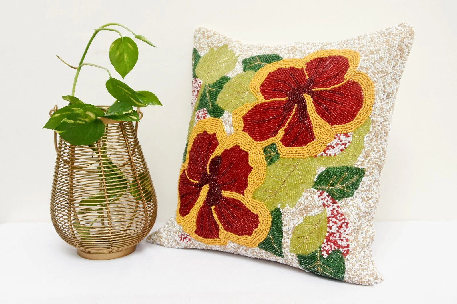 Set of 2 White Beaded Floral Cushion Covers 16"x16" – Cotton Sofa Pillow