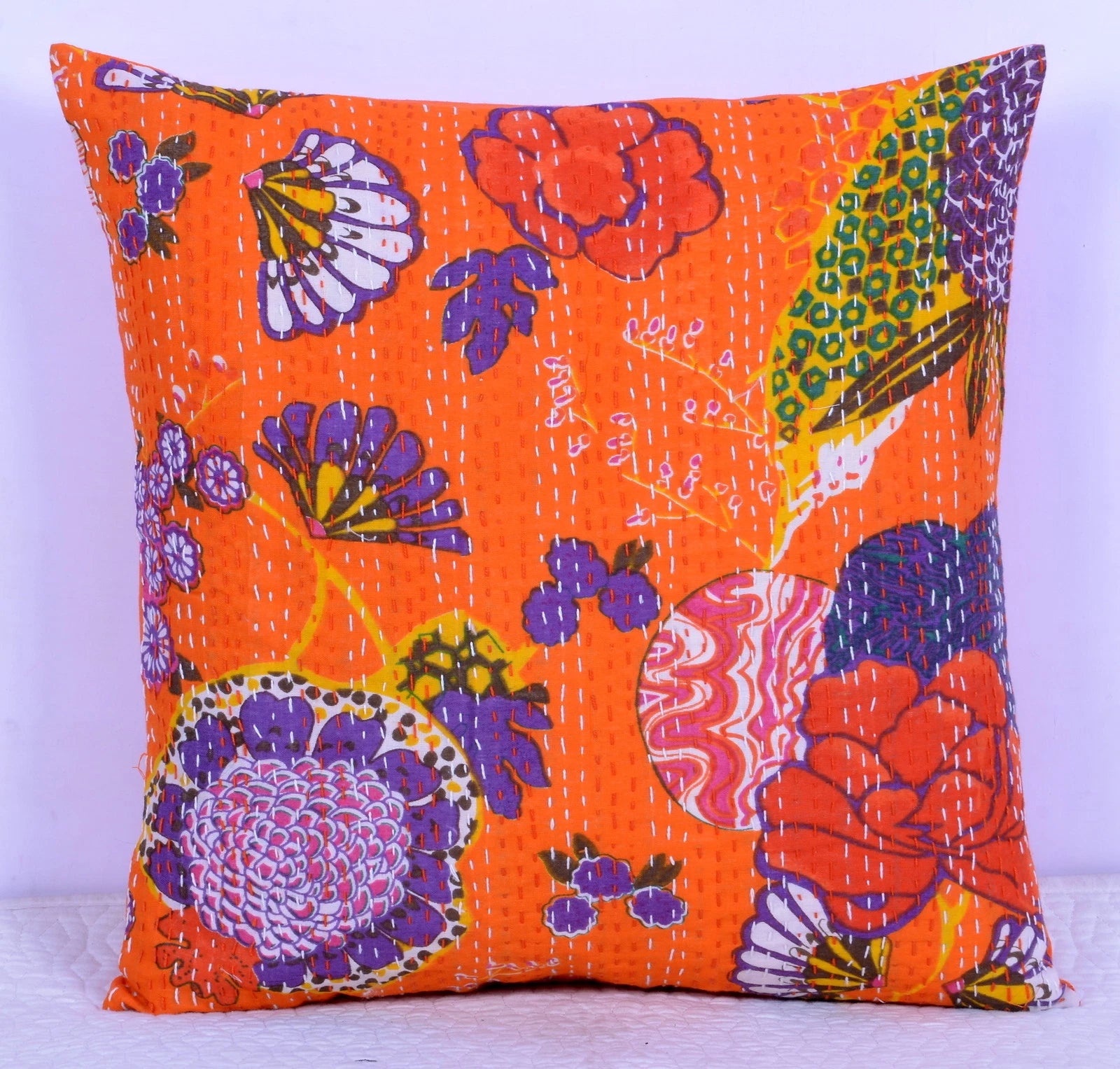 16" ORANGE KANTHA WORK FLORAL TOSS PILLOW COVER SHAM Voile Bed Sofa Cushion Case