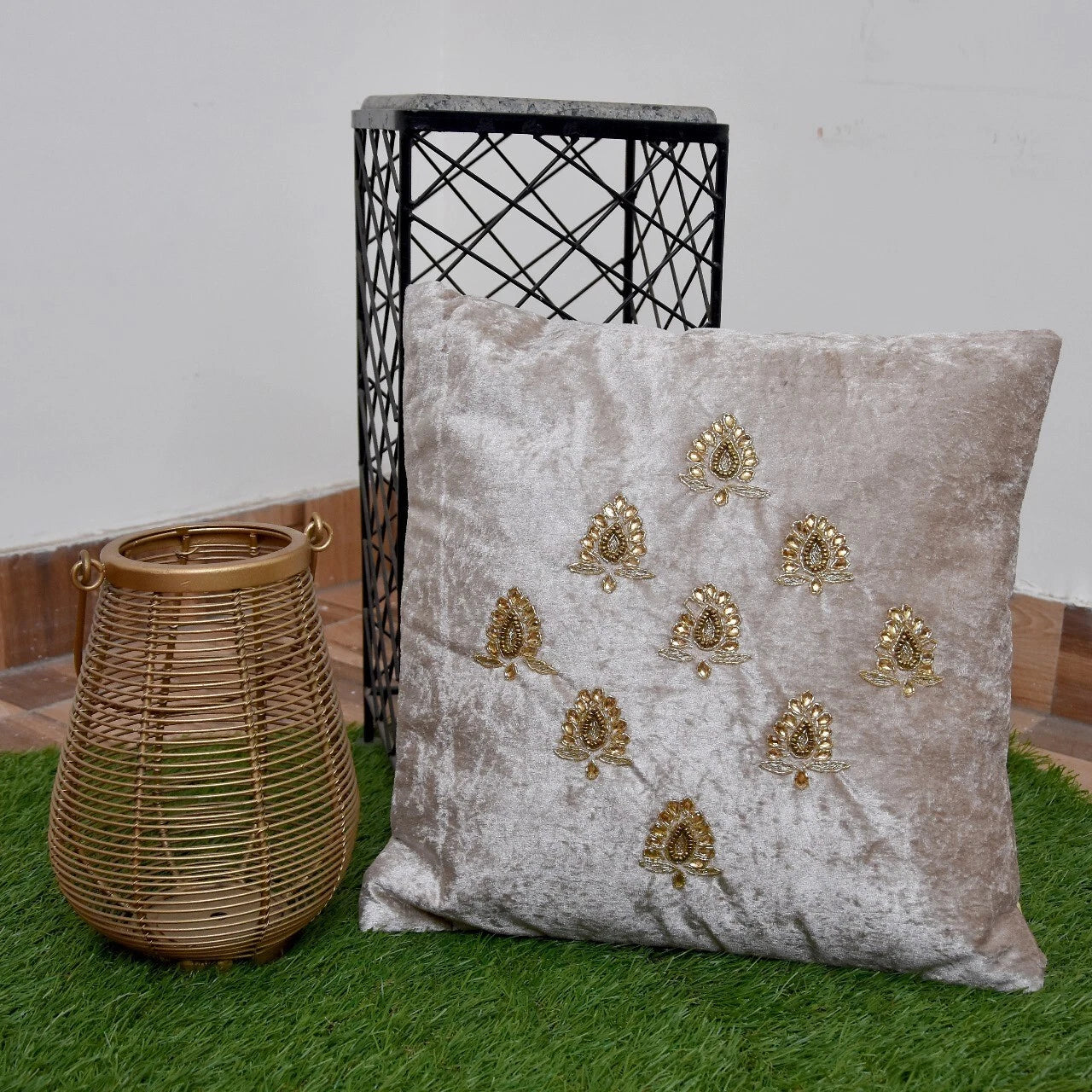 Indian-Inspired Velvet Cushion Set 2 Couch Pillows with Booti Motif, 16" Inches