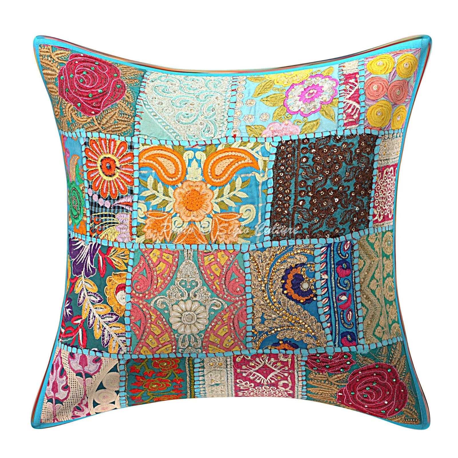 Boho Hippie Yoga Pillow Case Cushion Cover Blue Vintage Indian Meditation