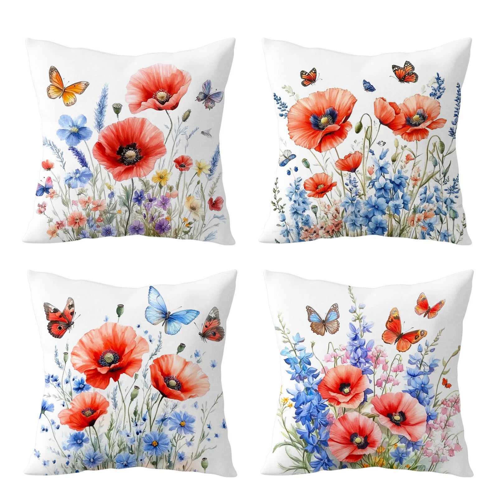 4pcs Garden Blue Butterfly Red Floral Pillow Case Cushion Cover Sofa Home Decor